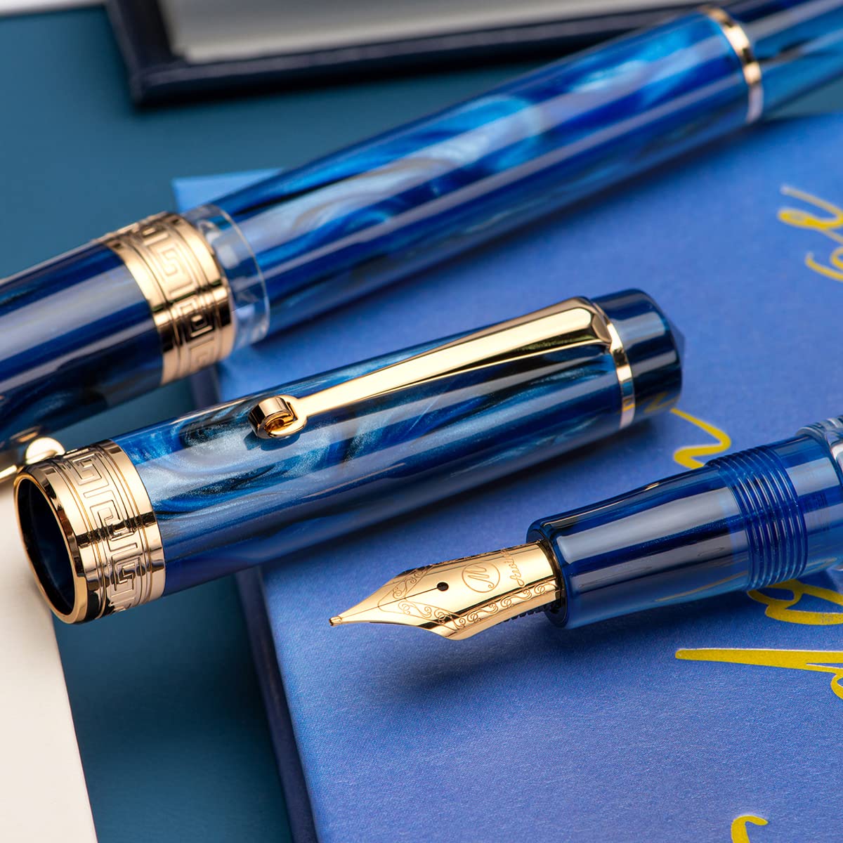 Asvine P20 Piston Fountain Pen Galaxy Blue Resin, Iridium Medium Nib Gold Trim Smooth Writer