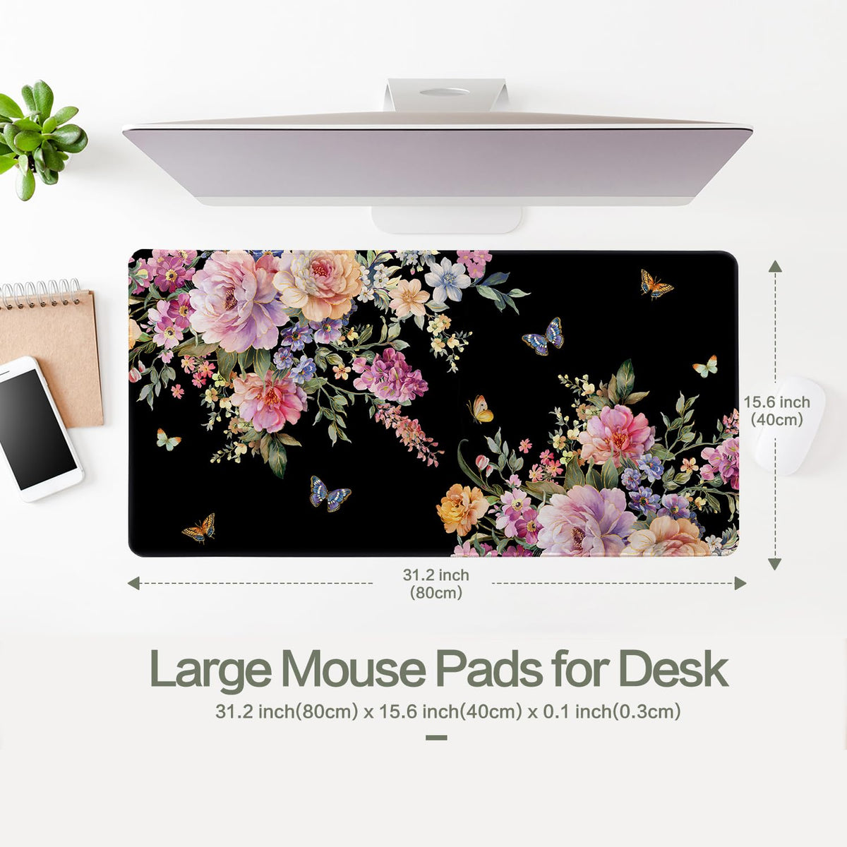 Pink Flower Desk Mat Mouse Pad Waterproof, Butterfly Floral XXL Extended Large Gaming Desk Pad