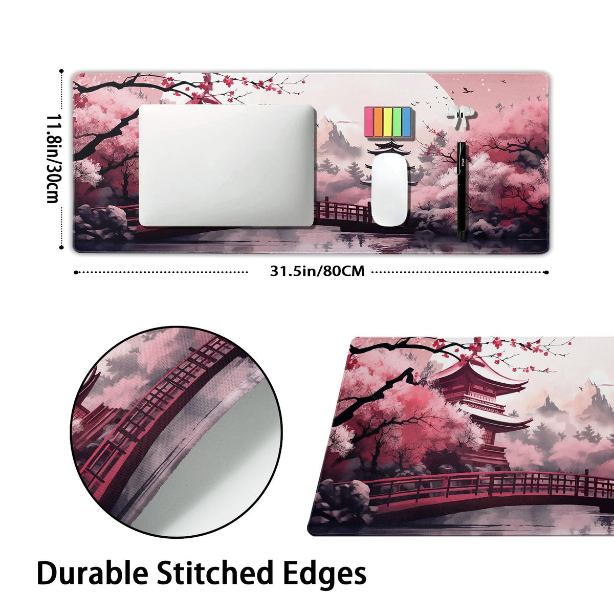 Pink Japanese Cherry Blossom Large Mouse Pad XL Sakura Forest Tree Sun Tower Mountain Extended