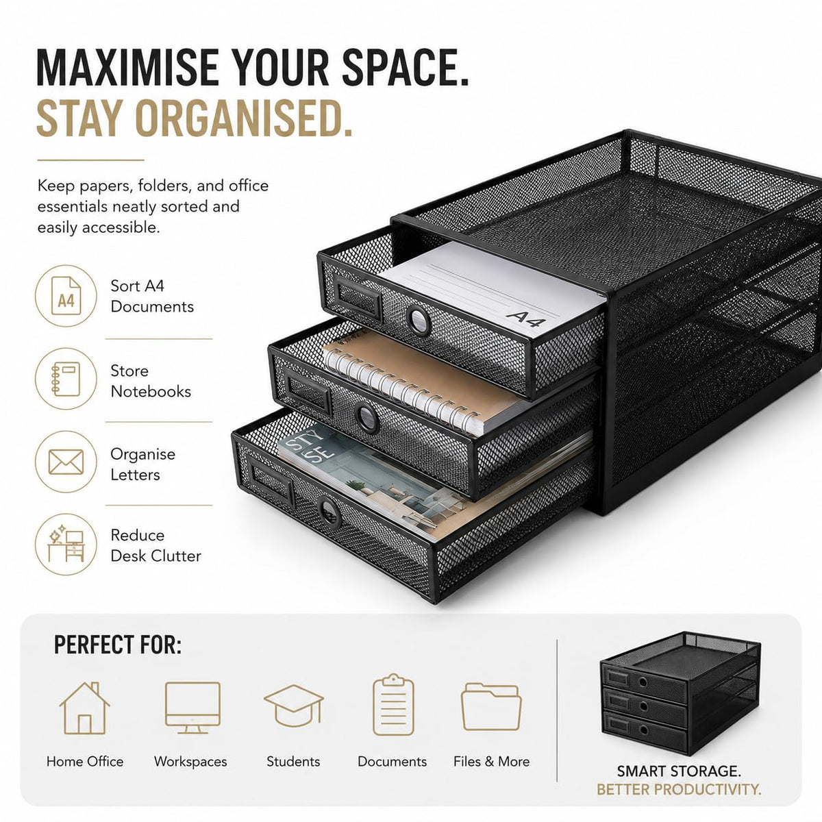 EXERZ Paper Sorter 3 Tier Drawers A4 / Multifunctional Desk Organiser/Letter Tray - Documents
