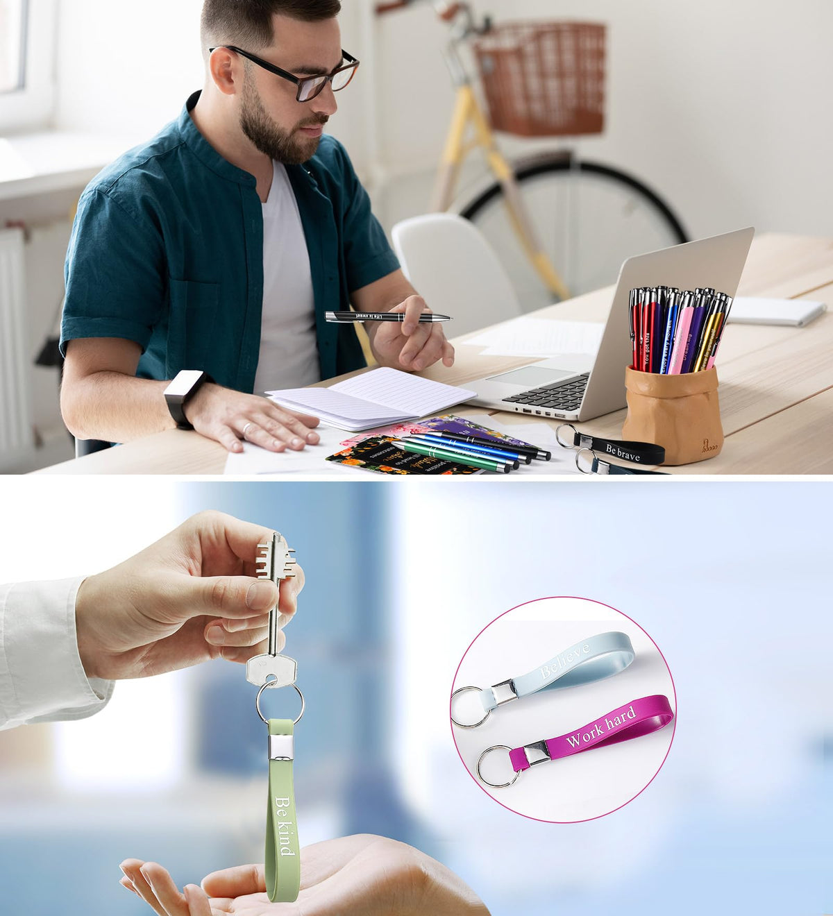PerKoop 48 Pcs Inspirational Gifts Bulk Motivational Notepads Ballpoint Pens Keychains Set Floral