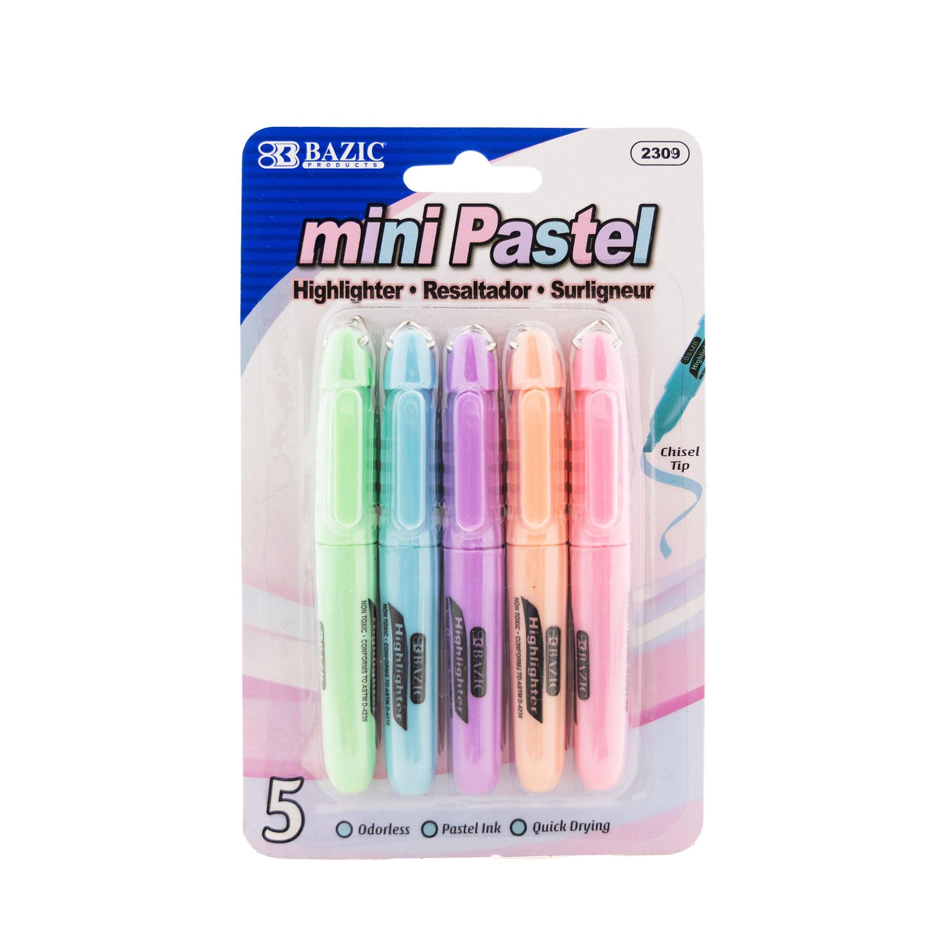 BAZIC PRODUCTS Mini Pastel Highlighters, Chisel Tip, 5 Count, 24-Box
