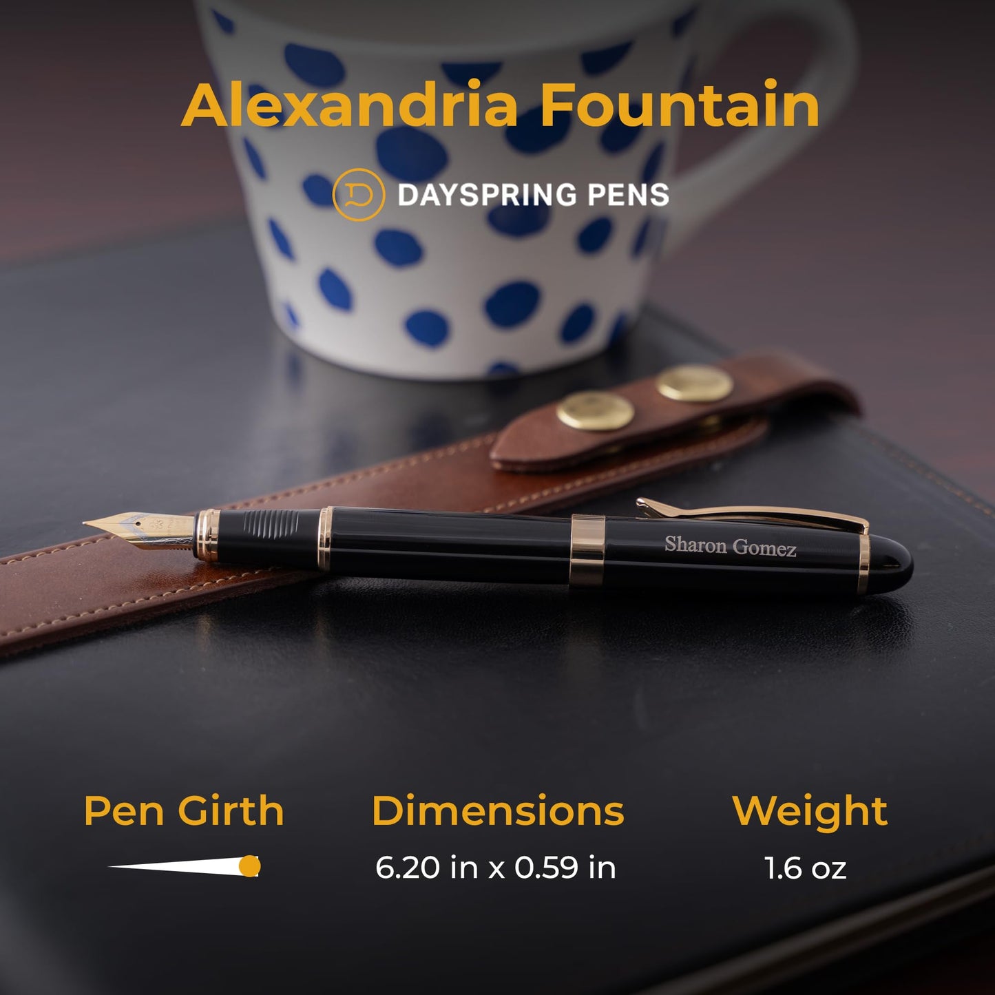 Dayspring Pens Alexandria Personalized Fountain Pen in Black with Gold Trim