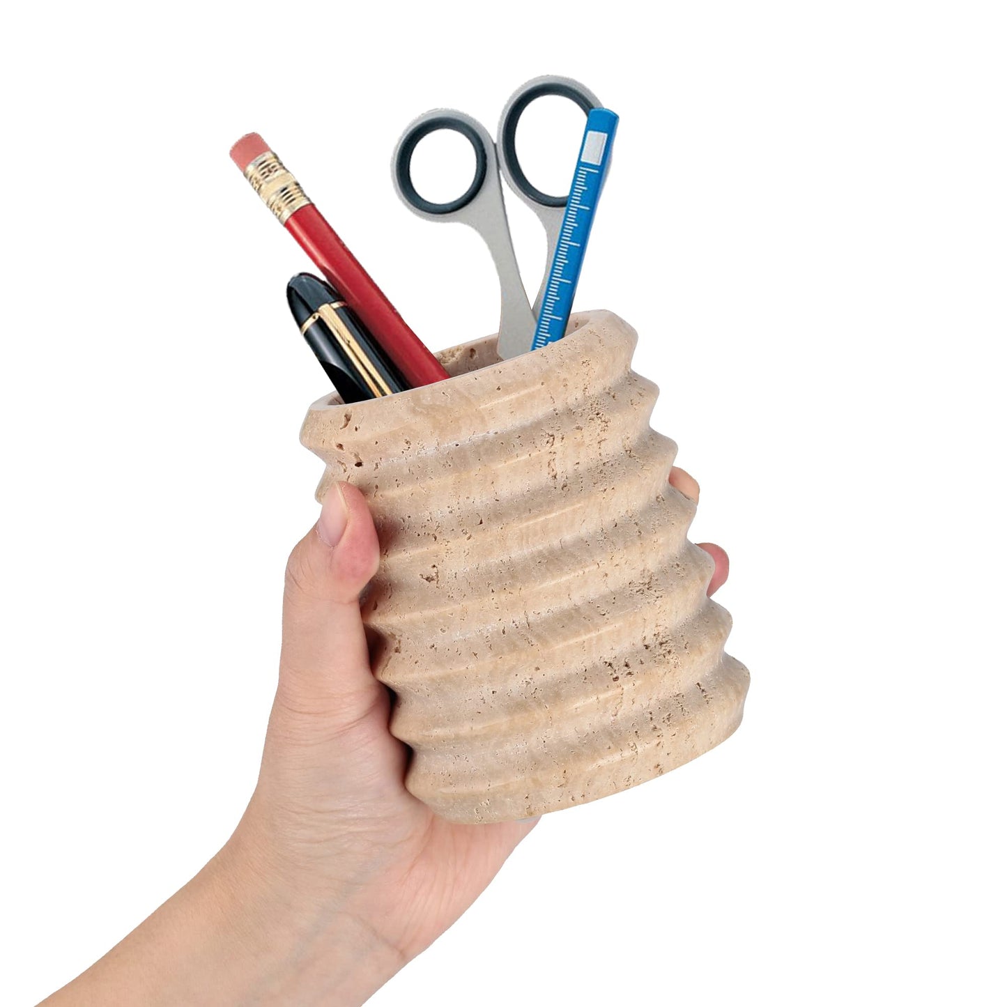 WORHE Pen Holder Stand for Desk, Natural Travertine Stone Makeup Brush Holders, Modern and