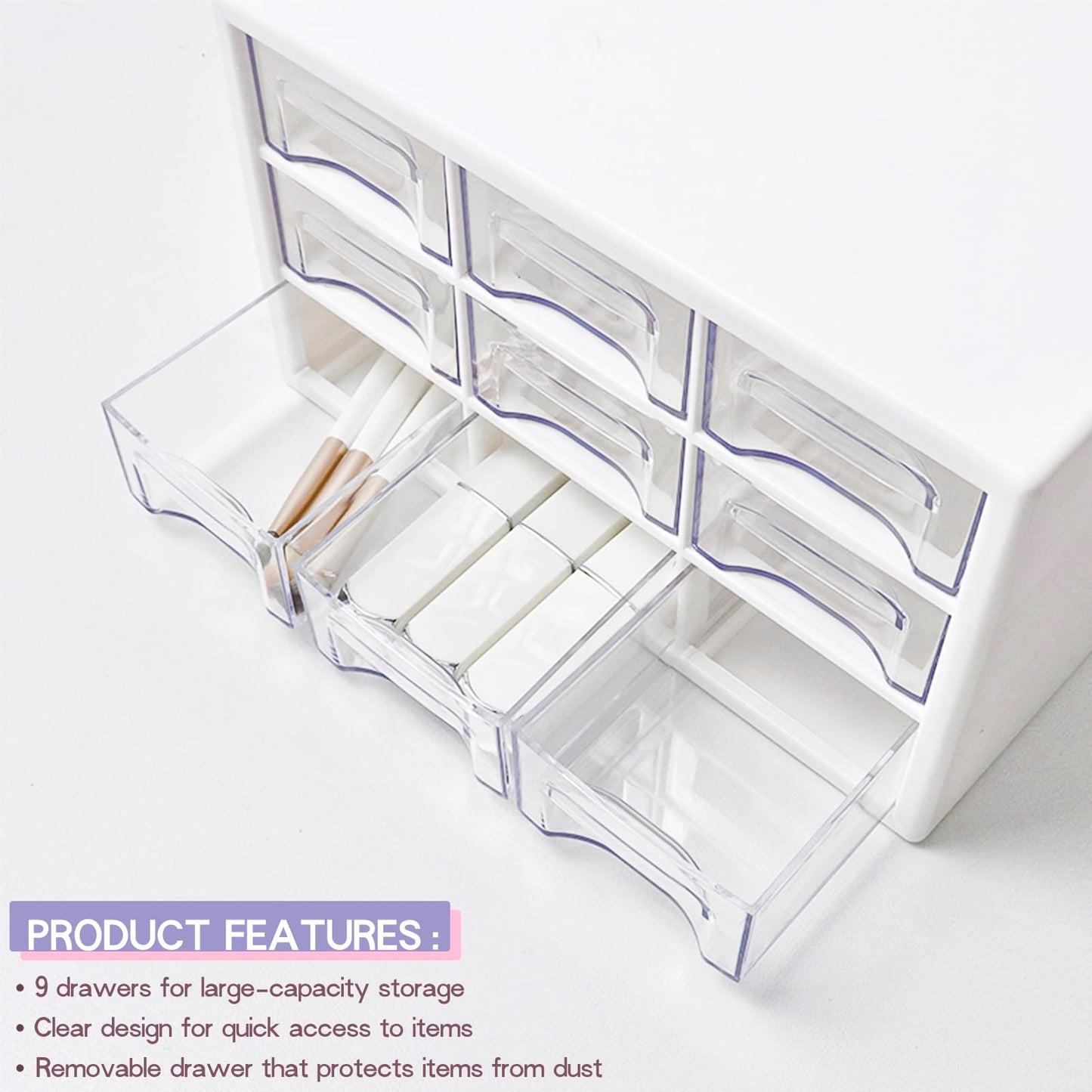 FODIENS Stackable Desk Organizer with 9 Drawers, Clear Storage Box, White