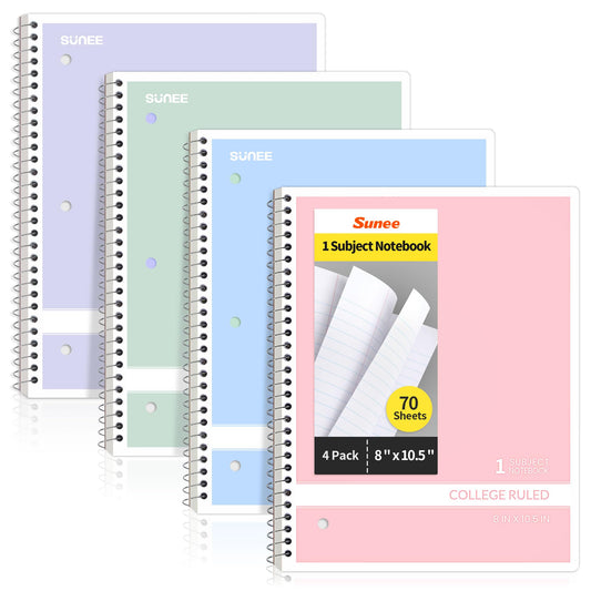 SUNEE Spiral Notebooks College Ruled, 1-Subject, 4 Pack, 8 x 10-1/2 in, 70 Sheets, 3-Hole Punched