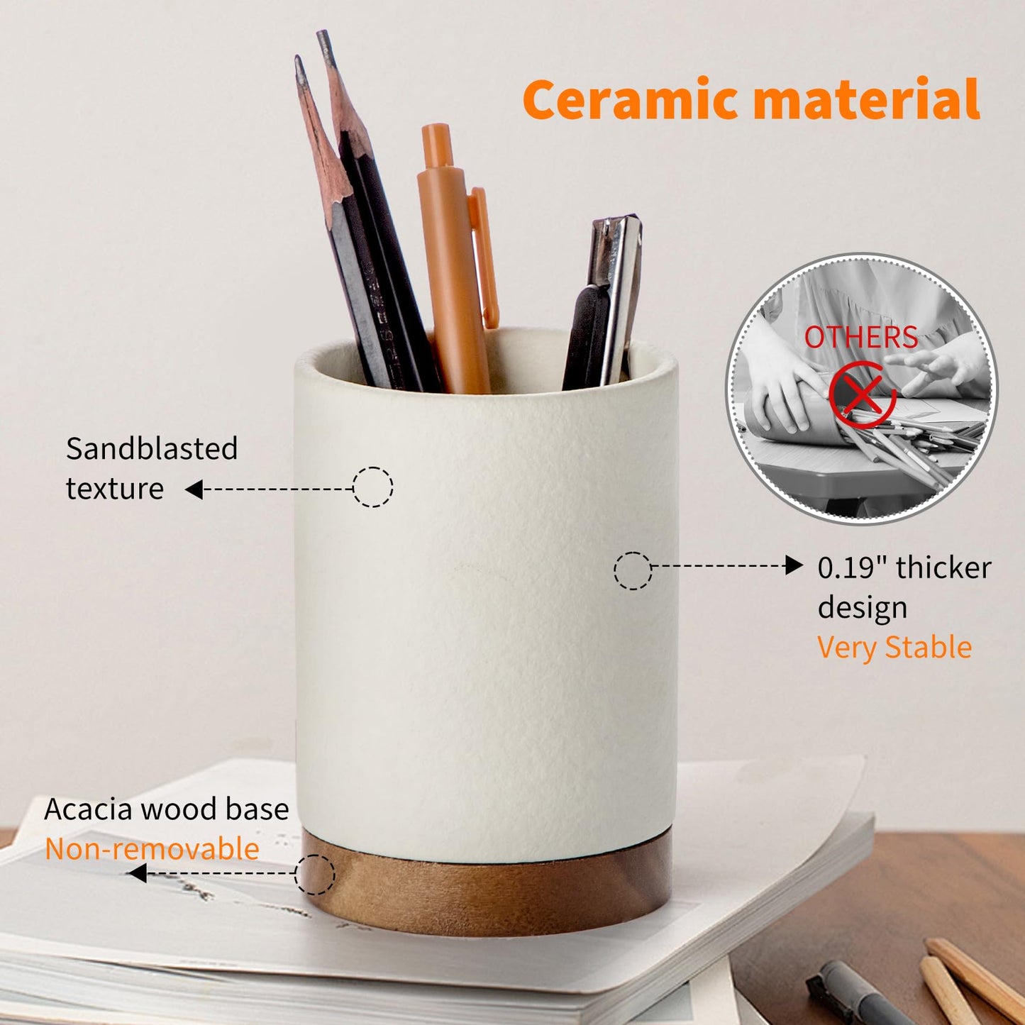 Officepal Ceramic Pen Holder for Desk, Pencil Cup, (White,Set / 2)