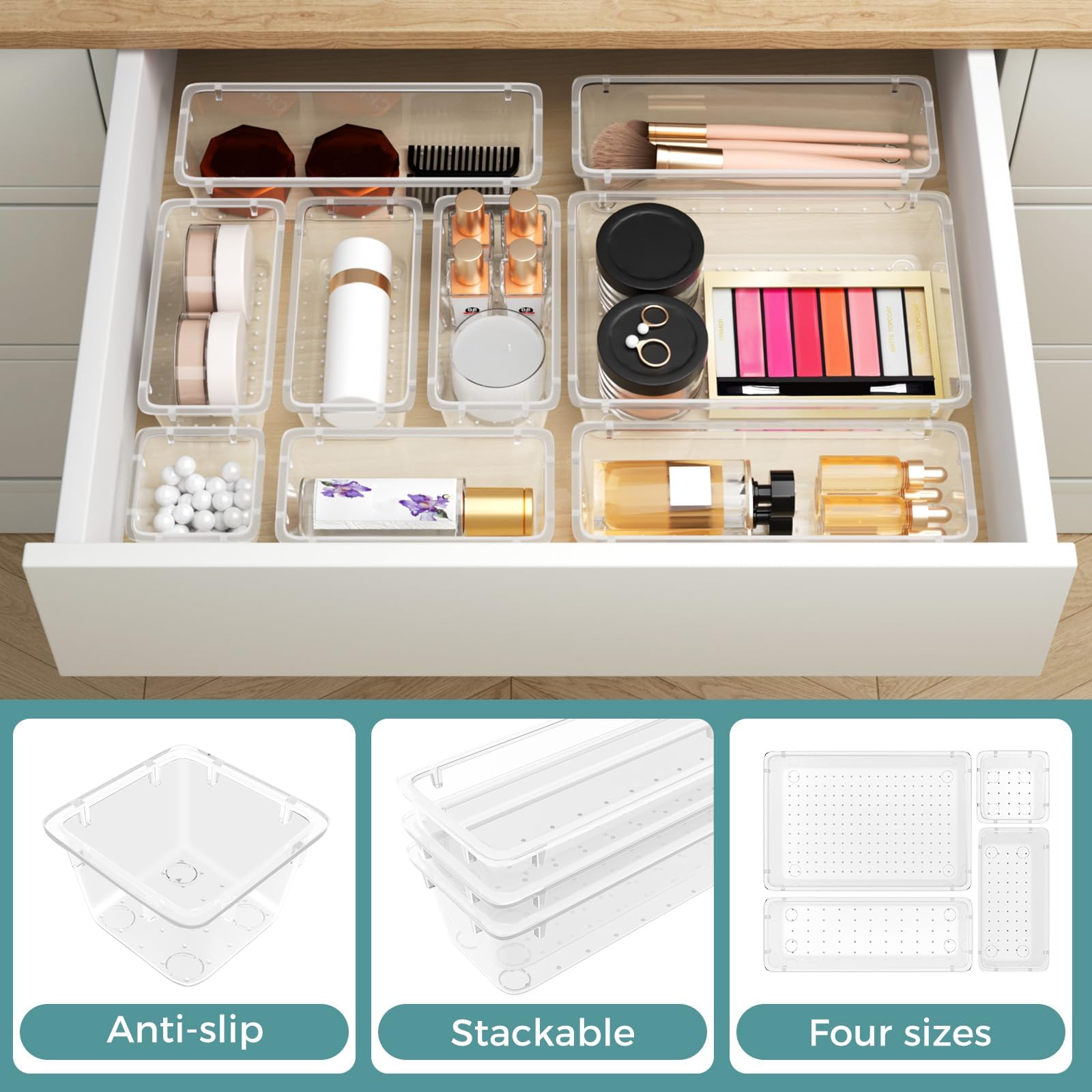 44 PCS Clear Plastic Drawer Organizer Set, 4 Sizes Storage Bins, Clear