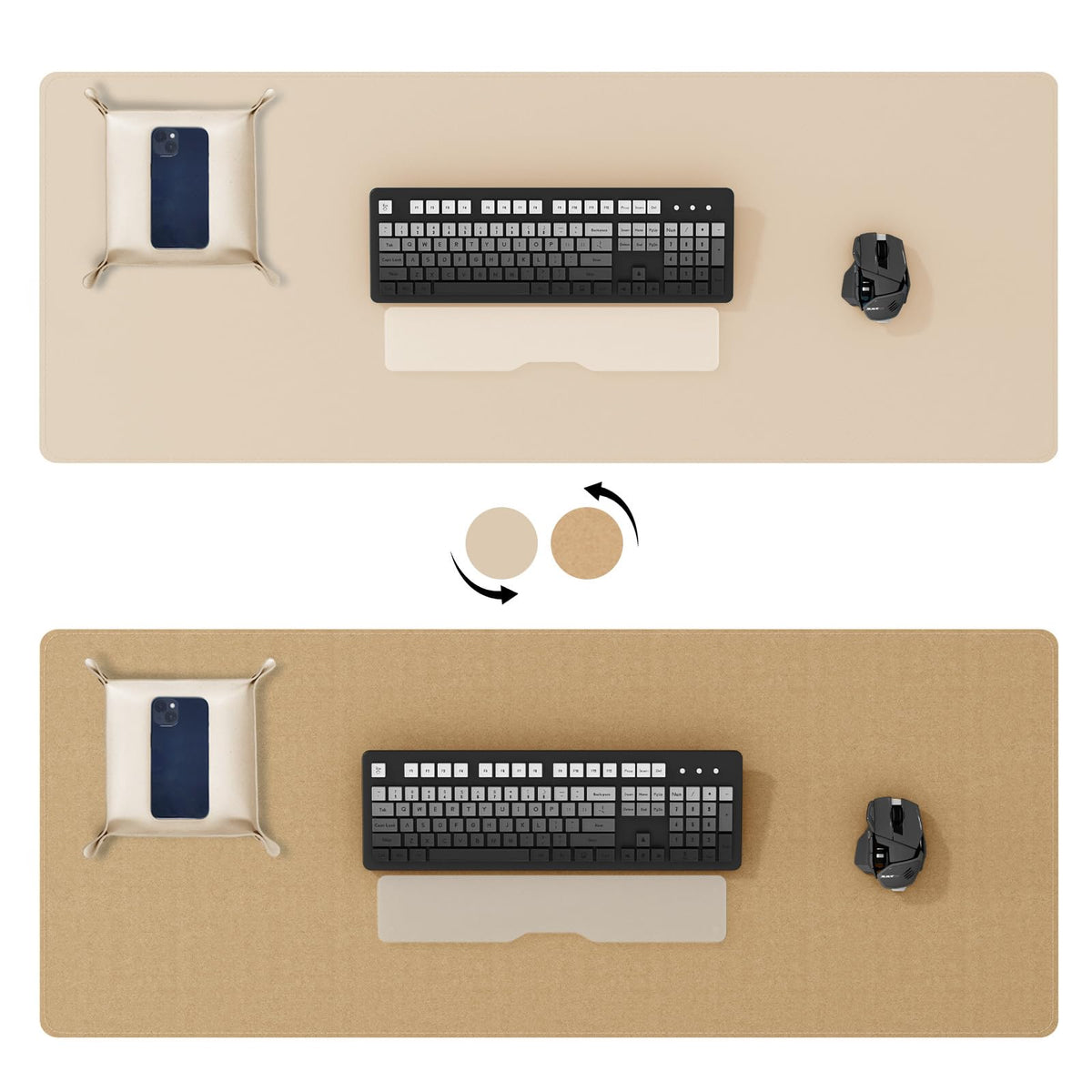 DAWNTREES Dual Sided Desk Mat,Khaki Leather Desk Pad,47.2''x23.6'',Cork Desk Mat Protector,120x60cm