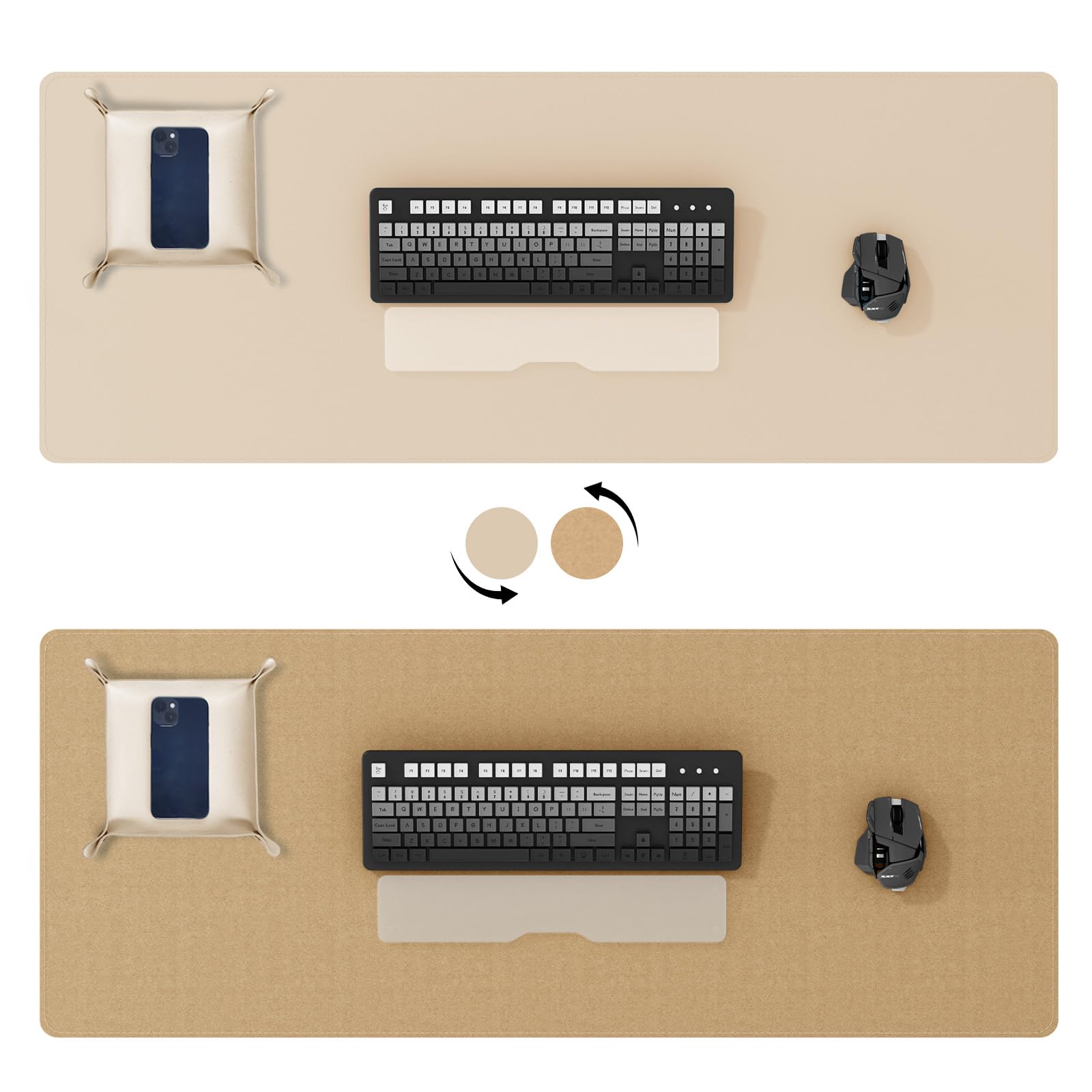 DAWNTREES Dual Sided Desk Mat,Khaki Leather Desk Pad,47.2''x23.6'',Cork Desk Mat Protector,120x60cm