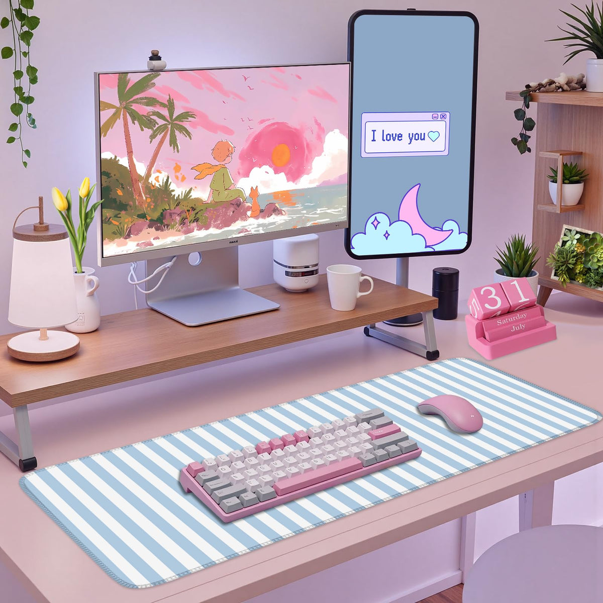 Nasdalgias Blue Striped Desk Mat Cute Pastel Large Mouse Pad Kawaii Aesthetic Extended Mat for Home