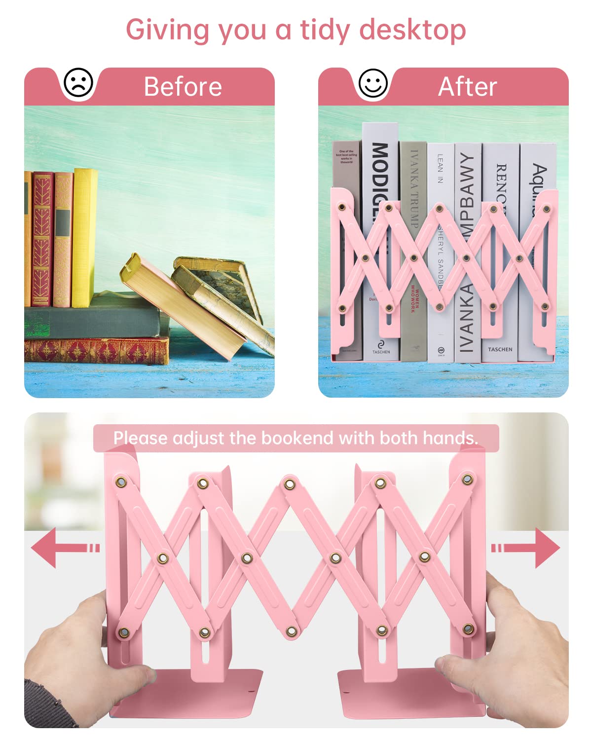 Honagu Adjustable Bookends, Metal Book Ends for Shelves Heavy Book