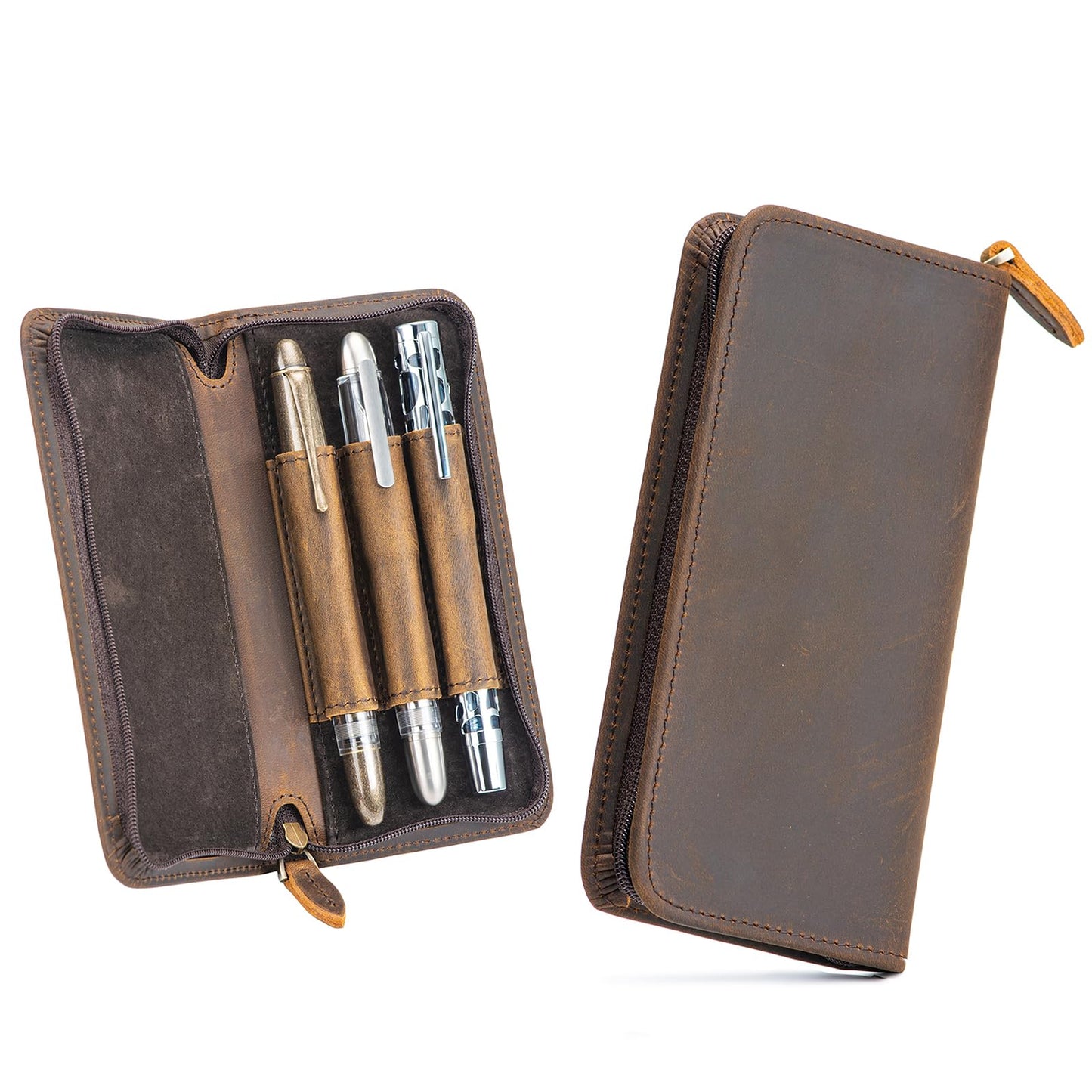 Lanxivi Vintage Leather Fountain Pen Case 3 Divided Slots, Zippered Pen Case Pouch, Handmade