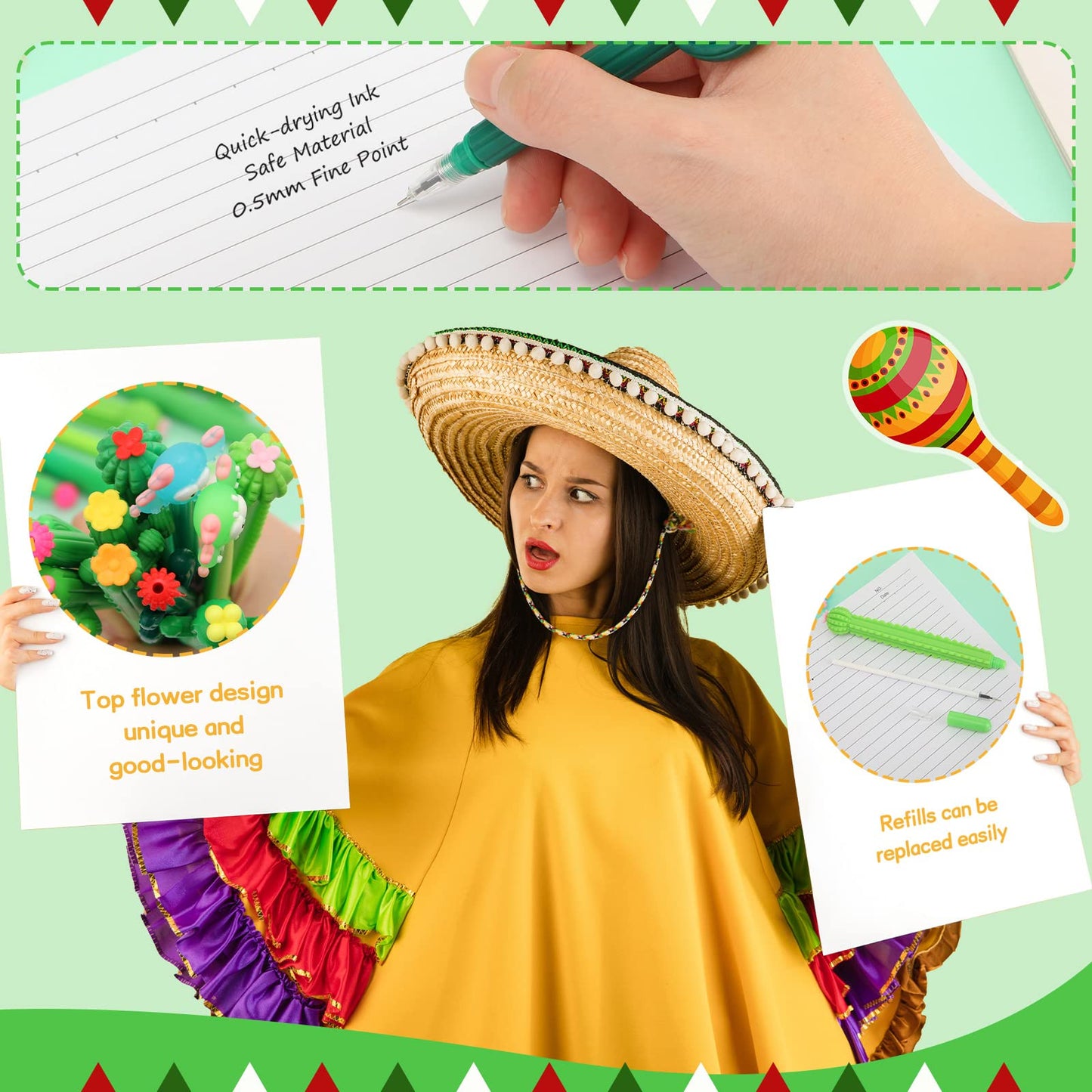 Tinlade 200 Pcs Cactus Pens Bulk Cactus Shaped Gel Pens Cute Gifts 0.5mm Black Ink Cacti Pen