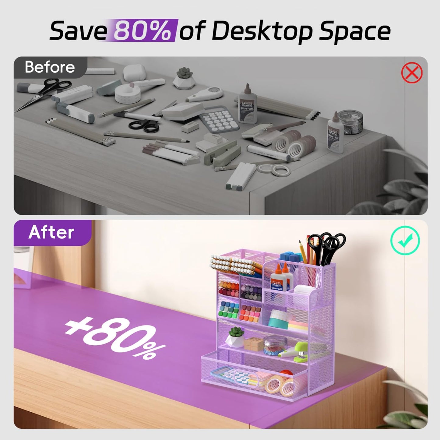 ReePlan Mesh Pen Organizer for Desk, 13 Compartments with Drawer， Purple