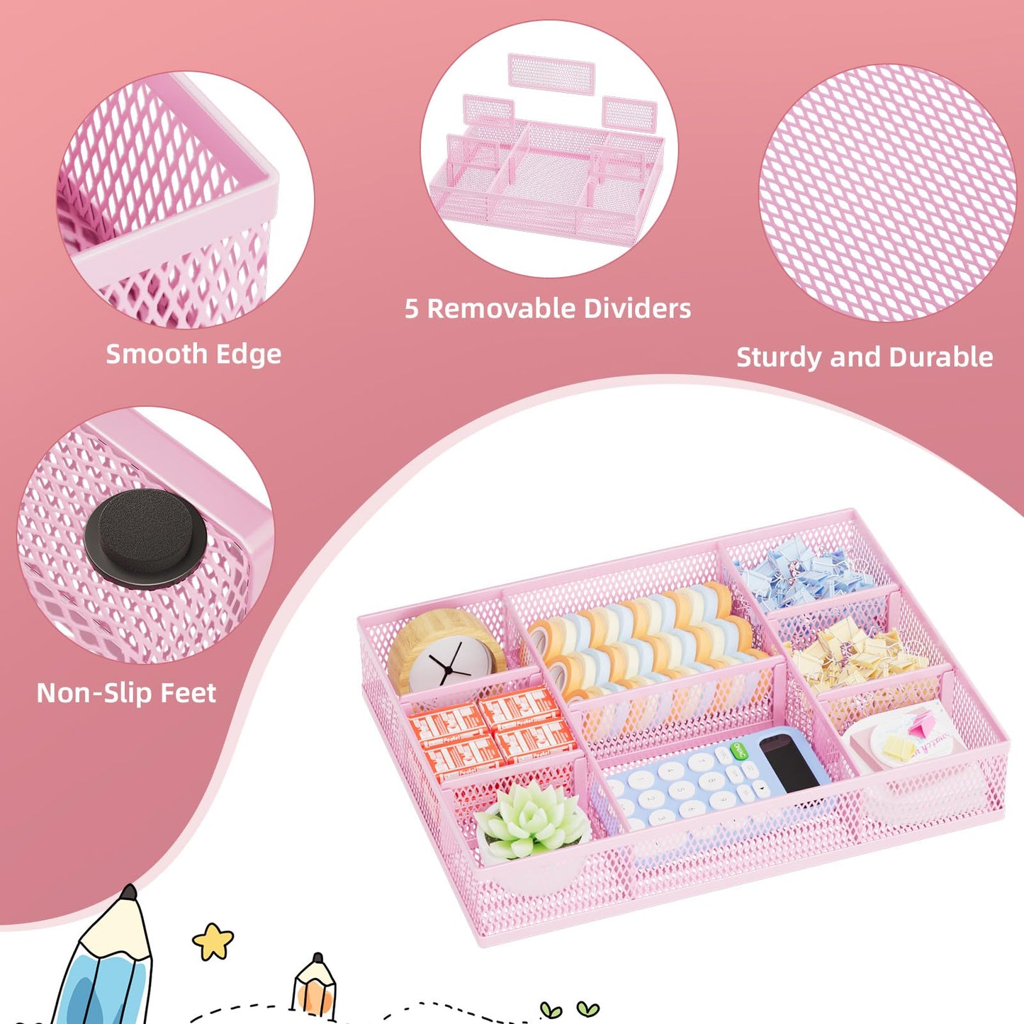 Marbrasse 2 Pack Desk Drawer Organizer, Mesh Drawer Organizer Tray with 8 Adjustable Compartments