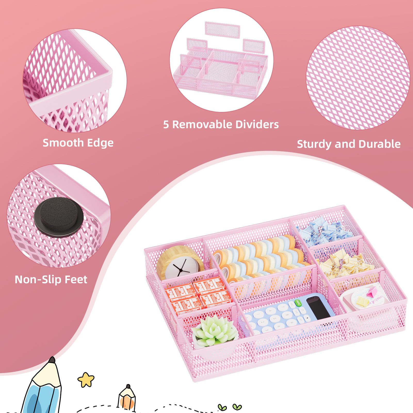 Marbrasse 2 Pack Desk Drawer Organizer, Mesh Drawer Organizer Tray with 8 Adjustable Compartments