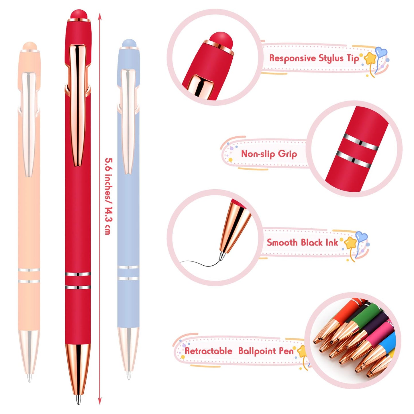 Yeaqee 100 Pieces Ballpoint Pen Bulk with Stylus Tip Click, Bright Colors