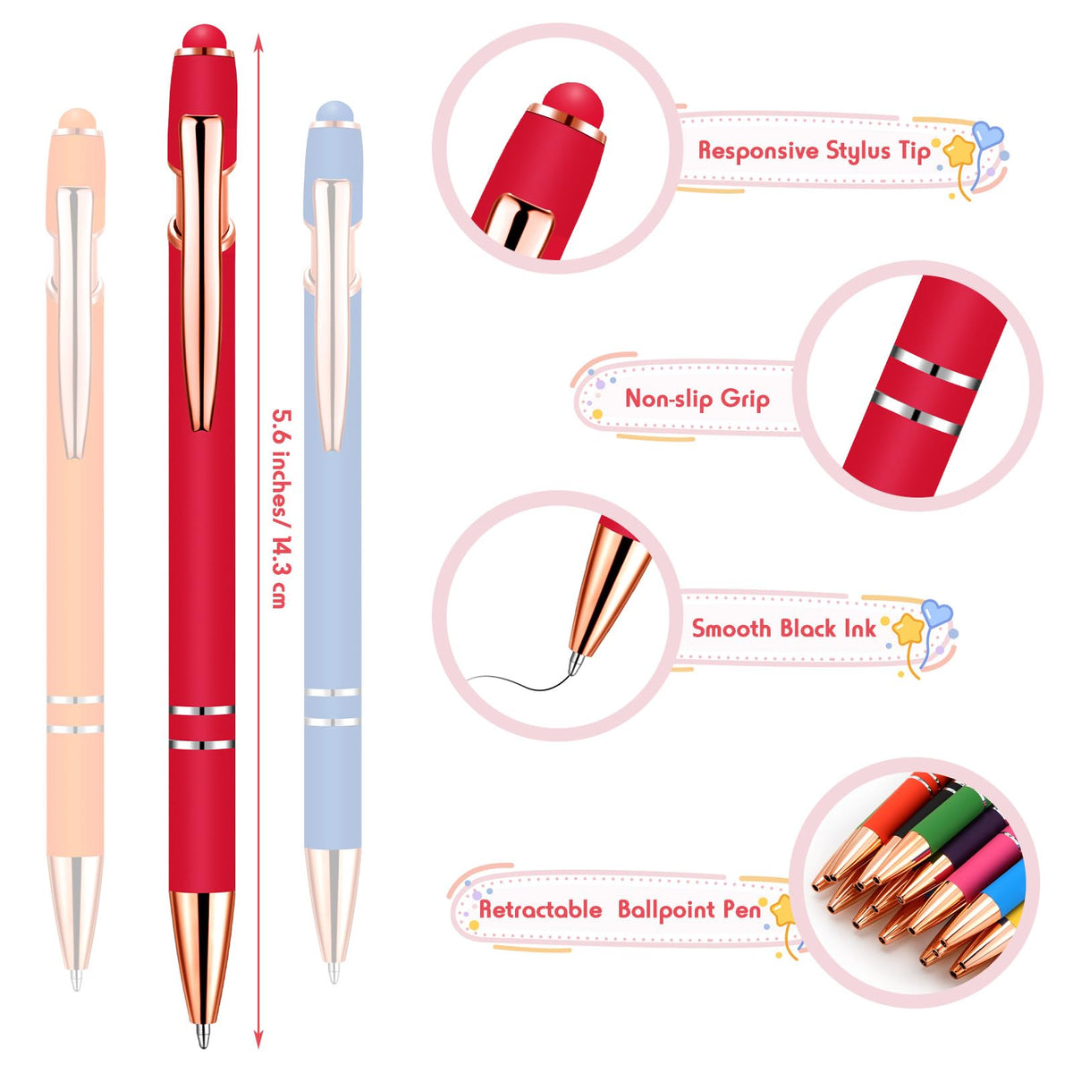 Yeaqee 100 Pieces Ballpoint Pen Bulk with Stylus Tip Click, Bright Colors