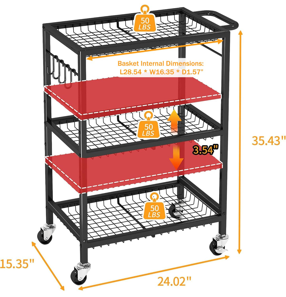3-Tier Rolling Cart, Space-Saving Kitchen Cart with 150Lbs Capacity, Black Storage Cart with 2