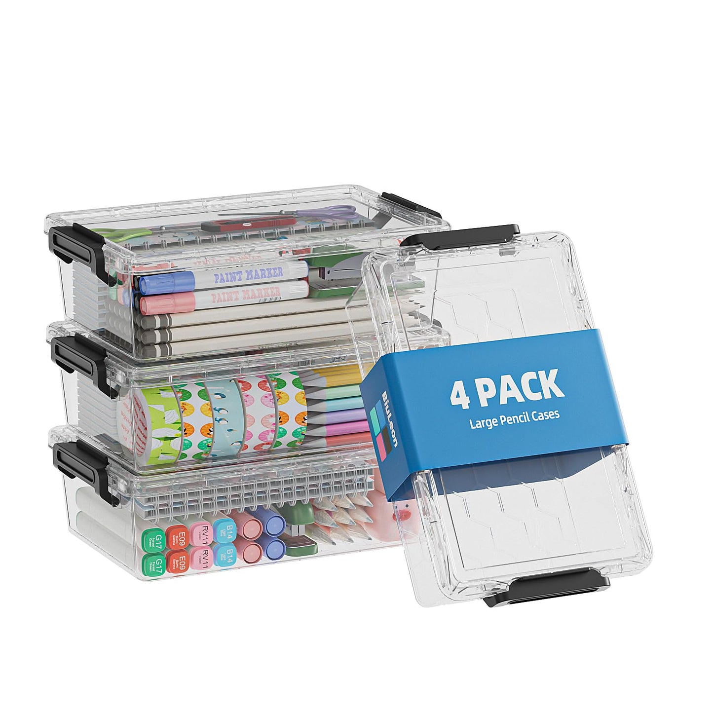 BiuLeon 4 Pack Extra Large Pencil Box, Plastic Pencil Case Organizer, Clear Crayon Box Marker