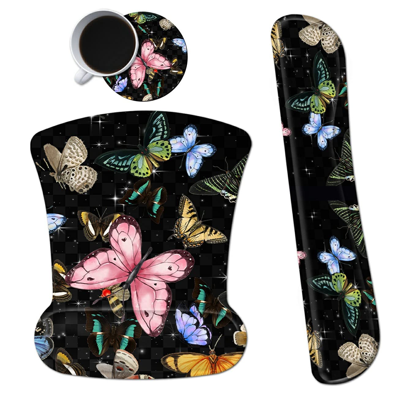 3Pcs Ergonomic Memory Foam Keyboard Wrist Rest Pad Set, Glitter Butterfly