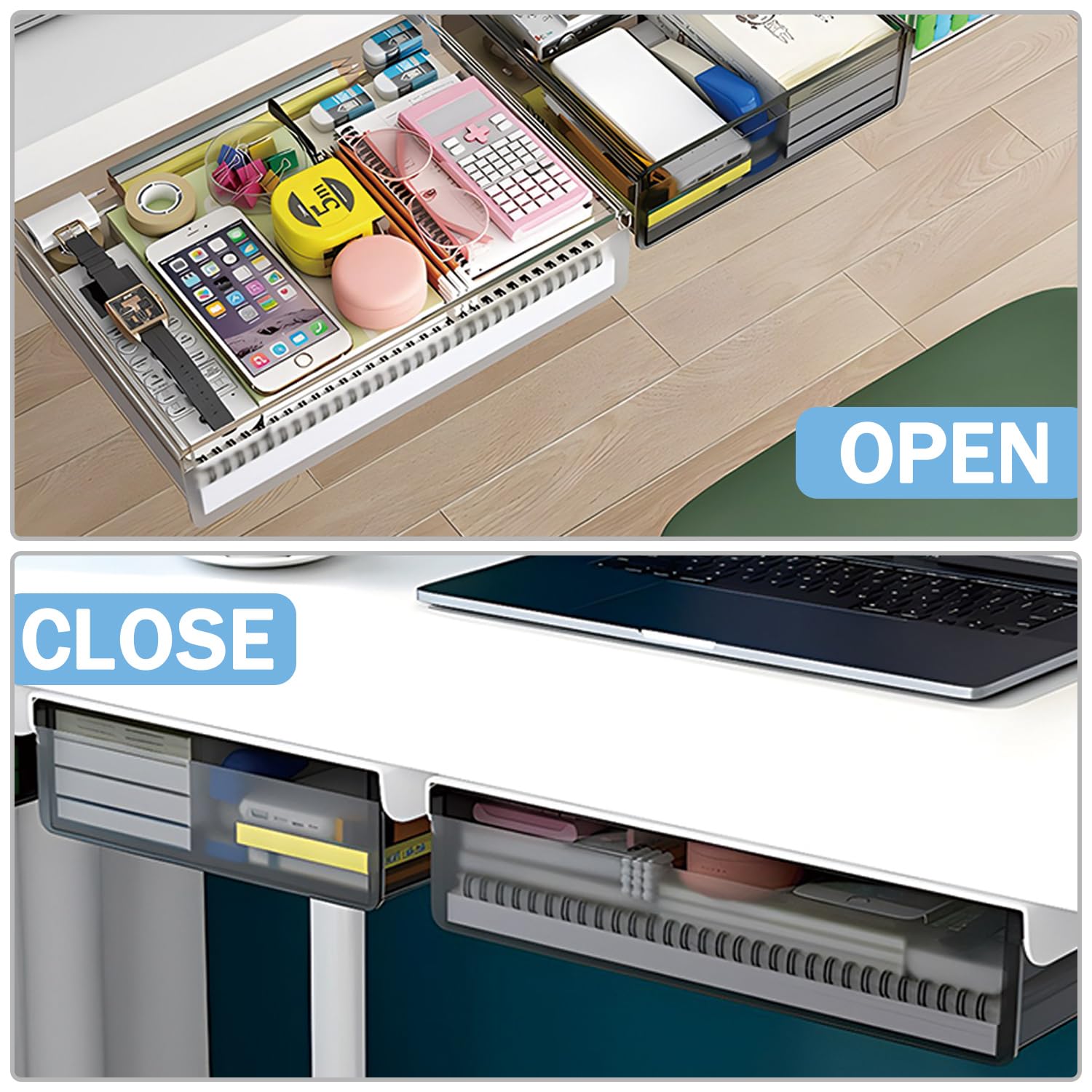 SVNNELP Large Under Desk Table Drawer Storage Organizer A4, Hidden Self-Adhesive Under Desk Pencil