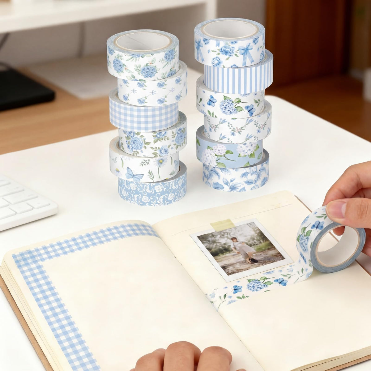 YooNotee 12 Rolls Floral Washi Tape Set,Blue,Rose