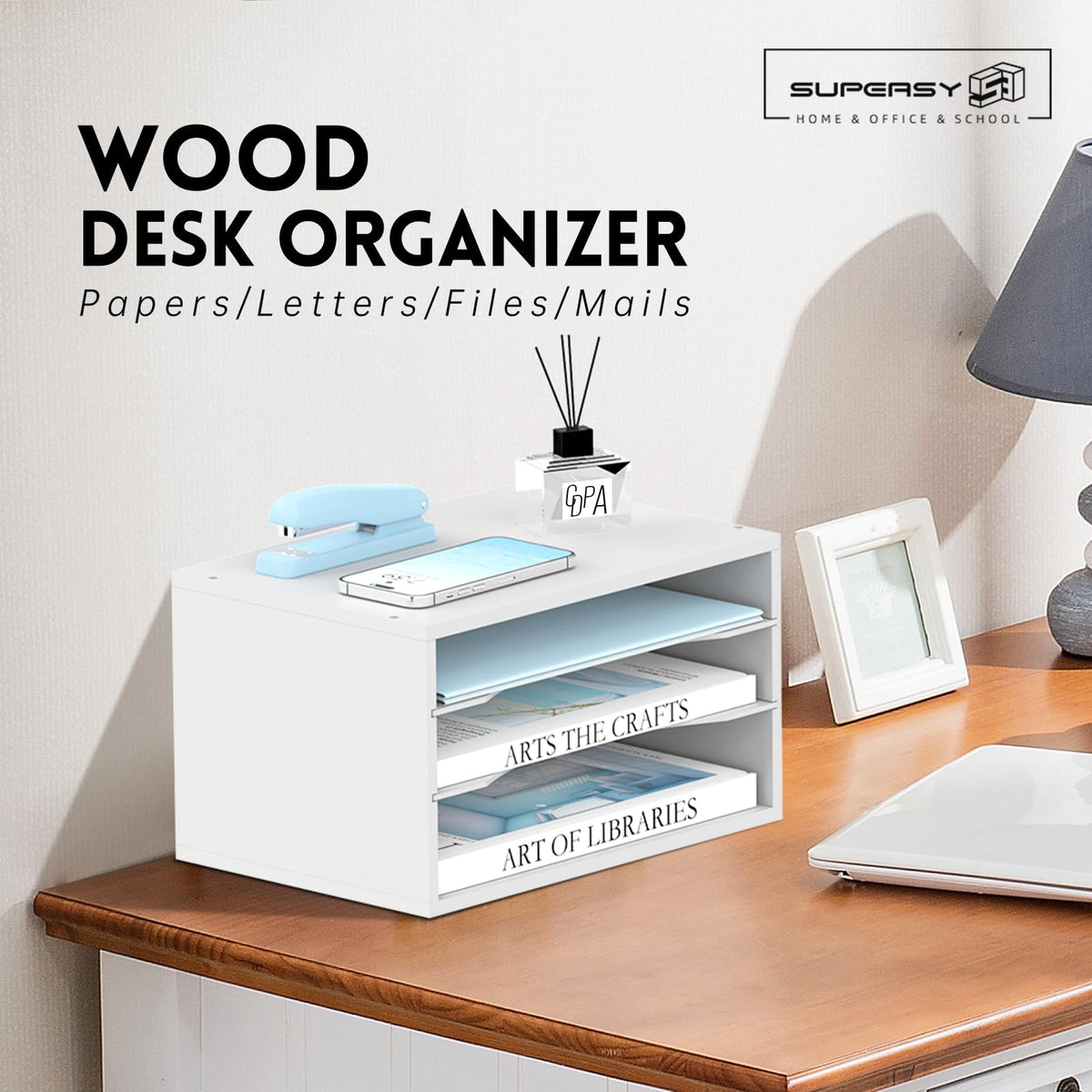 3 Tier Wood Desk Organizer, Mail Sorter and Paper Organizer for Desk, White