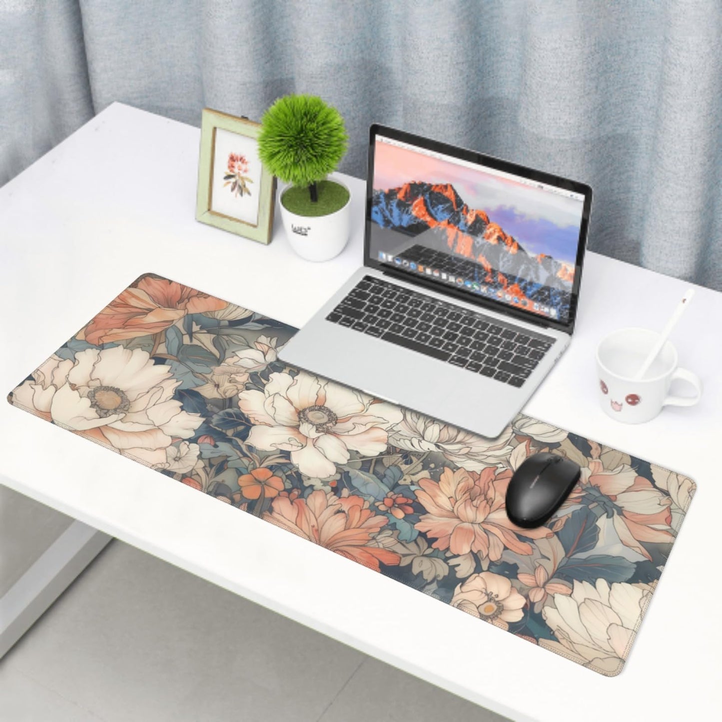 Japanese Floral Mouse Pad XL 31.5 X 11.8 Inch Minimalist Aesthetic Art White Coral Pink Flower