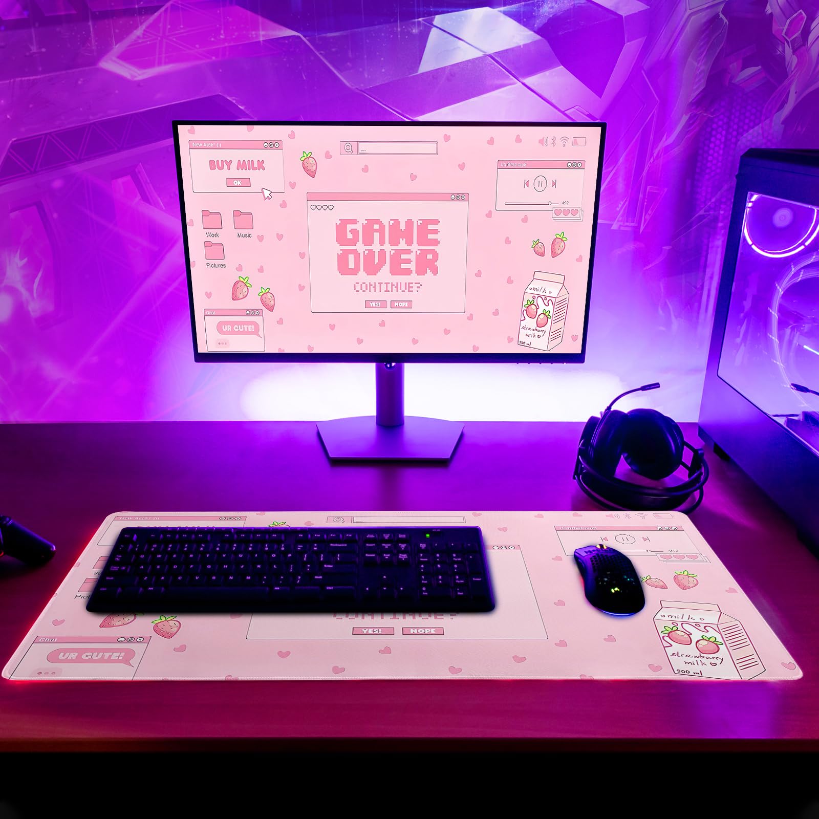 Pink Gaming Mouse Pad 27.6x11.8 Inch Pastel Game Over Large Mousepad Kawaii Office Decor for Women