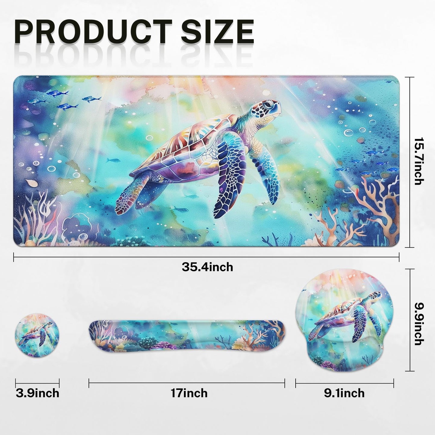 Arttown Keyboard Mouse Pad Set, 4 in 1 Desk Mat Set Sea Turtle