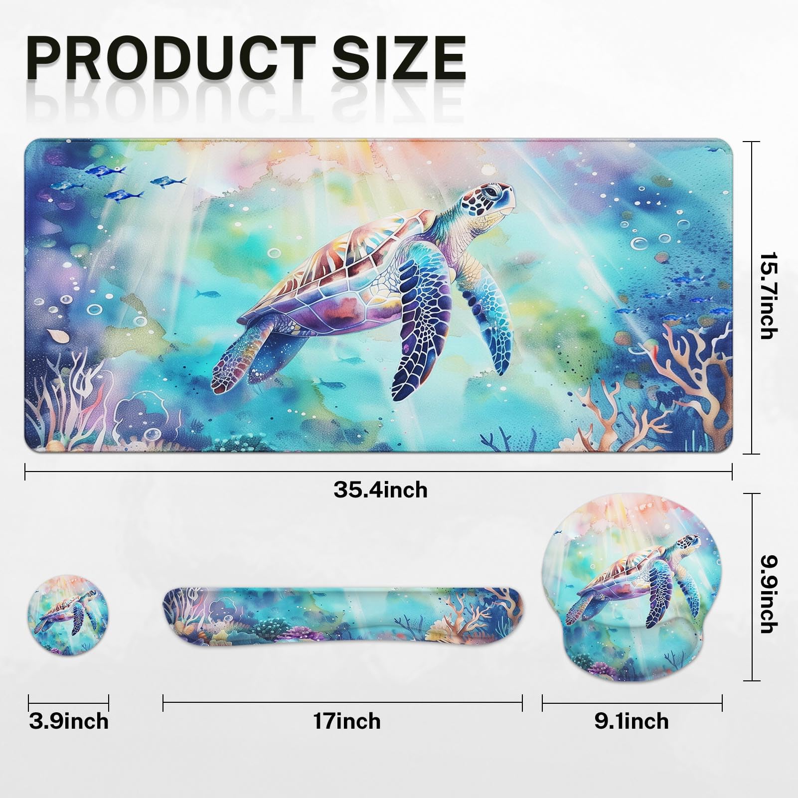 Arttown Keyboard Mouse Pad Set, 4 in 1 Desk Mat Set Sea Turtle