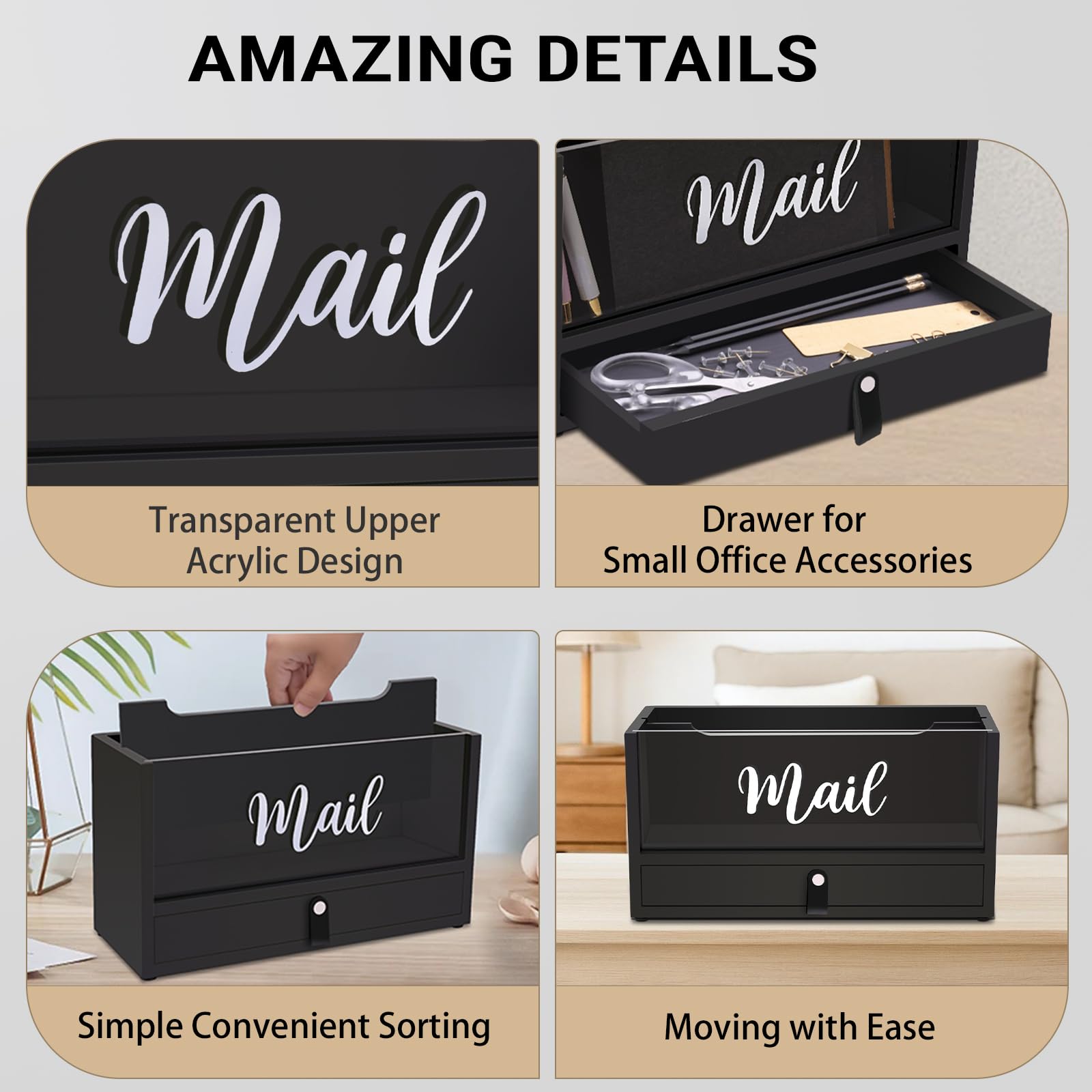 Two-Layer Solid Wooden Mail Storage Organizer Holder with Clear Acrylic Top and Bottom Drawer