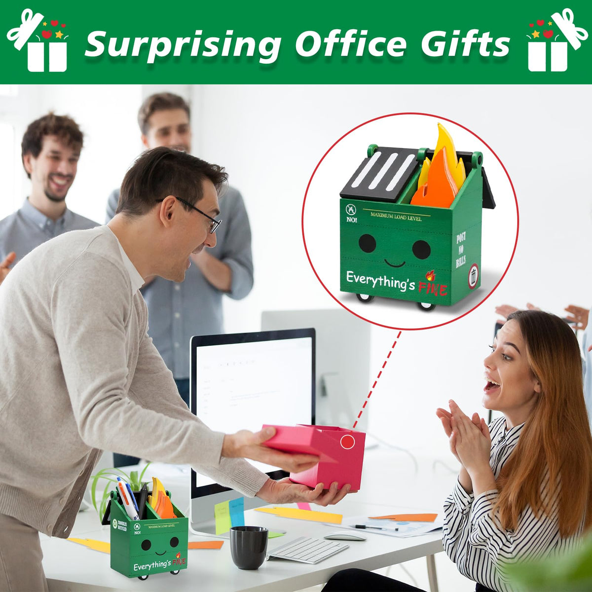 PUNICA 2 Set Dumpster Fire Pencil Holder with 100 Pcs Flame Note Cards, Funny Office Desk