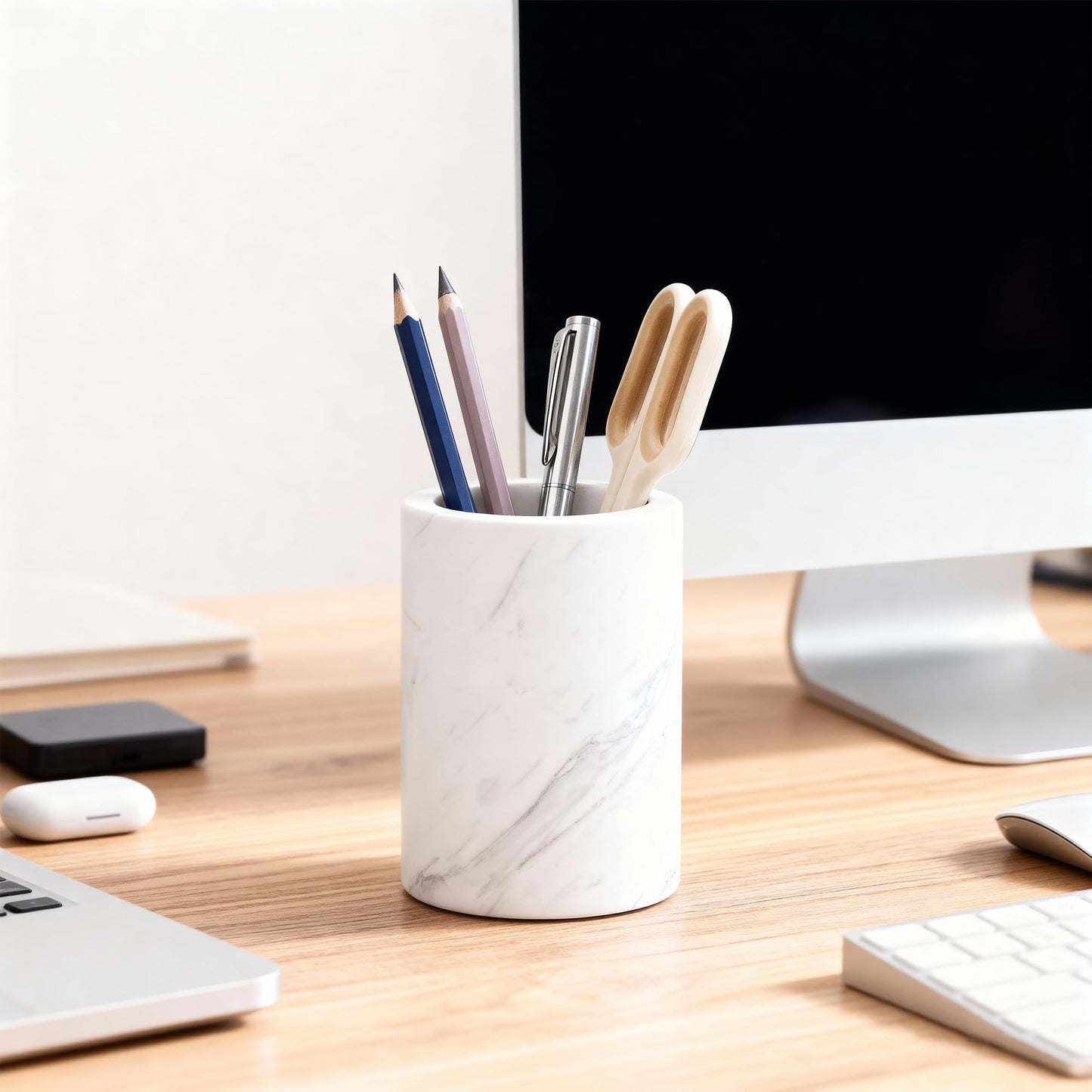 WORHE Natural Marble Pen Holder for Desk, Handcrafted Volakas Sturdy Desk Organizer for Office