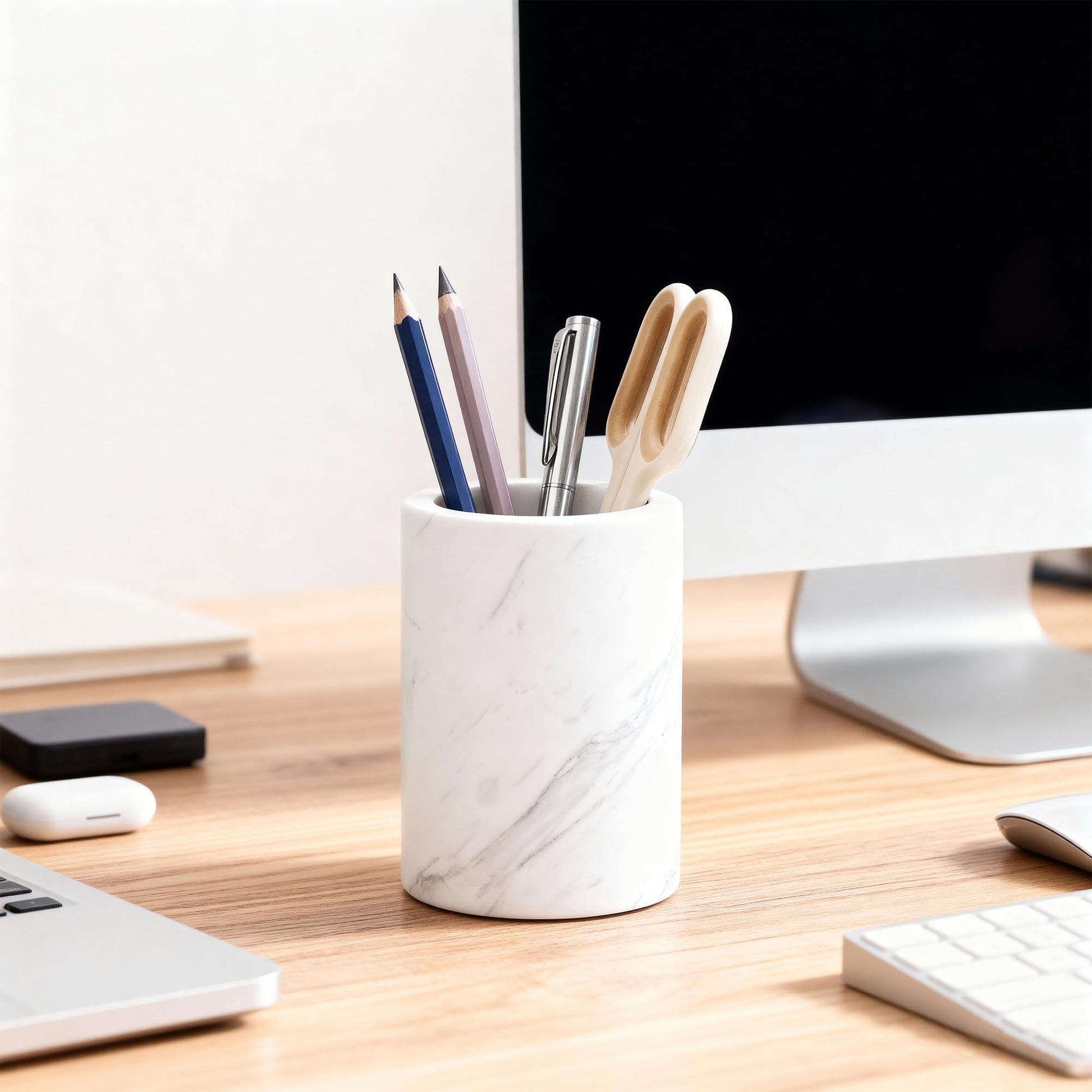 WORHE Natural Marble Pen Holder for Desk, Handcrafted Volakas Sturdy Desk Organizer for Office