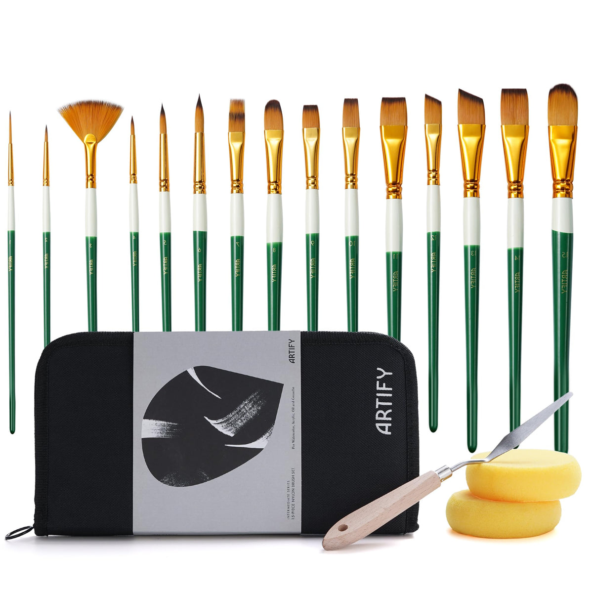 18 Piece Paint Brush Set, ARTIFY 15 Acrylic Paint Brushes, Palette Knife, and 2 Sponges