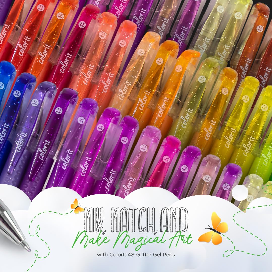 ColorIt Glitter Gel Pens for Coloring – 96 Pack with 48 Premium Glitter Gel Pens & 48 Refills with