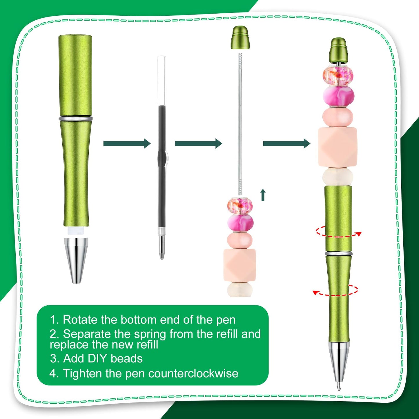 Kosiz 60 Pieces Beadable Pens Bulk Black Ink Pens,Green Series,Classic