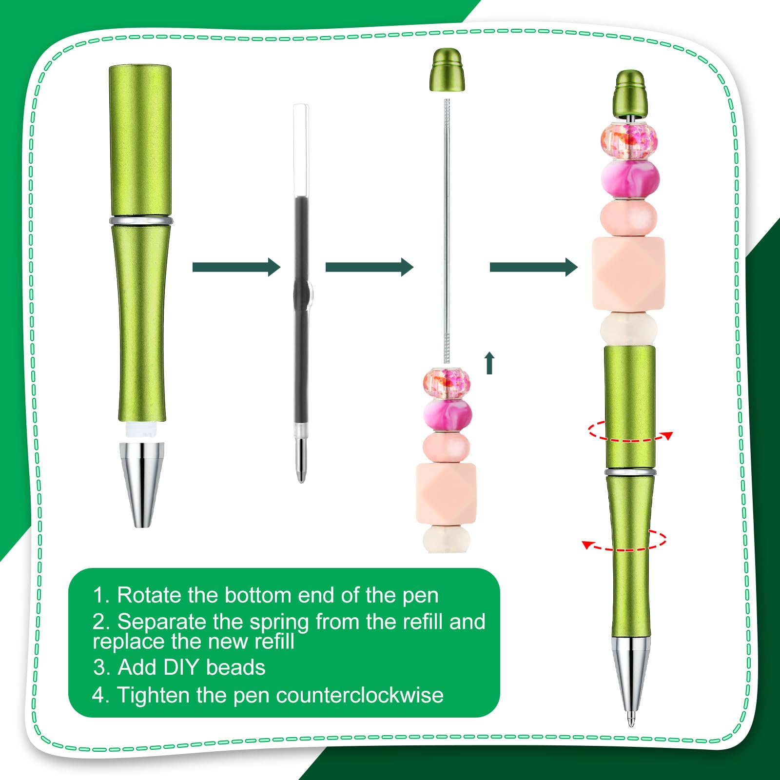Kosiz 60 Pieces Beadable Pens Bulk Black Ink Pens,Green Series,Classic
