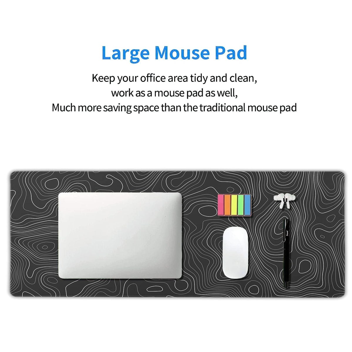 Topographic Map Large Mouse Pad XL Black Lines Contour Geographic Extended Large Desk Mat Big Desk