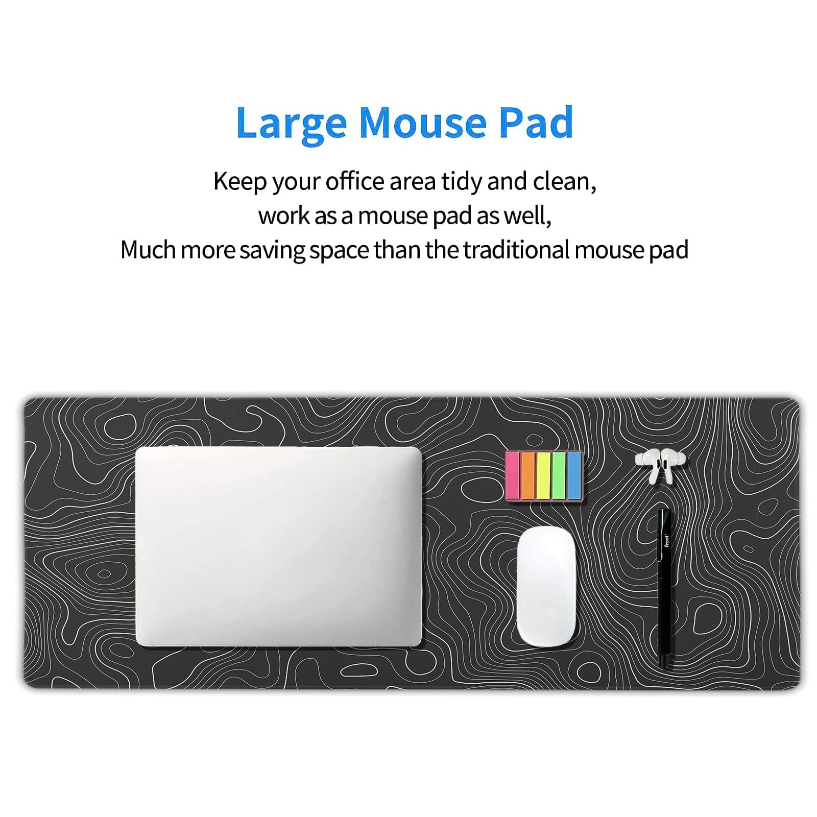 Topographic Map Large Mouse Pad XL Black Lines Contour Geographic Extended Large Desk Mat Big Desk