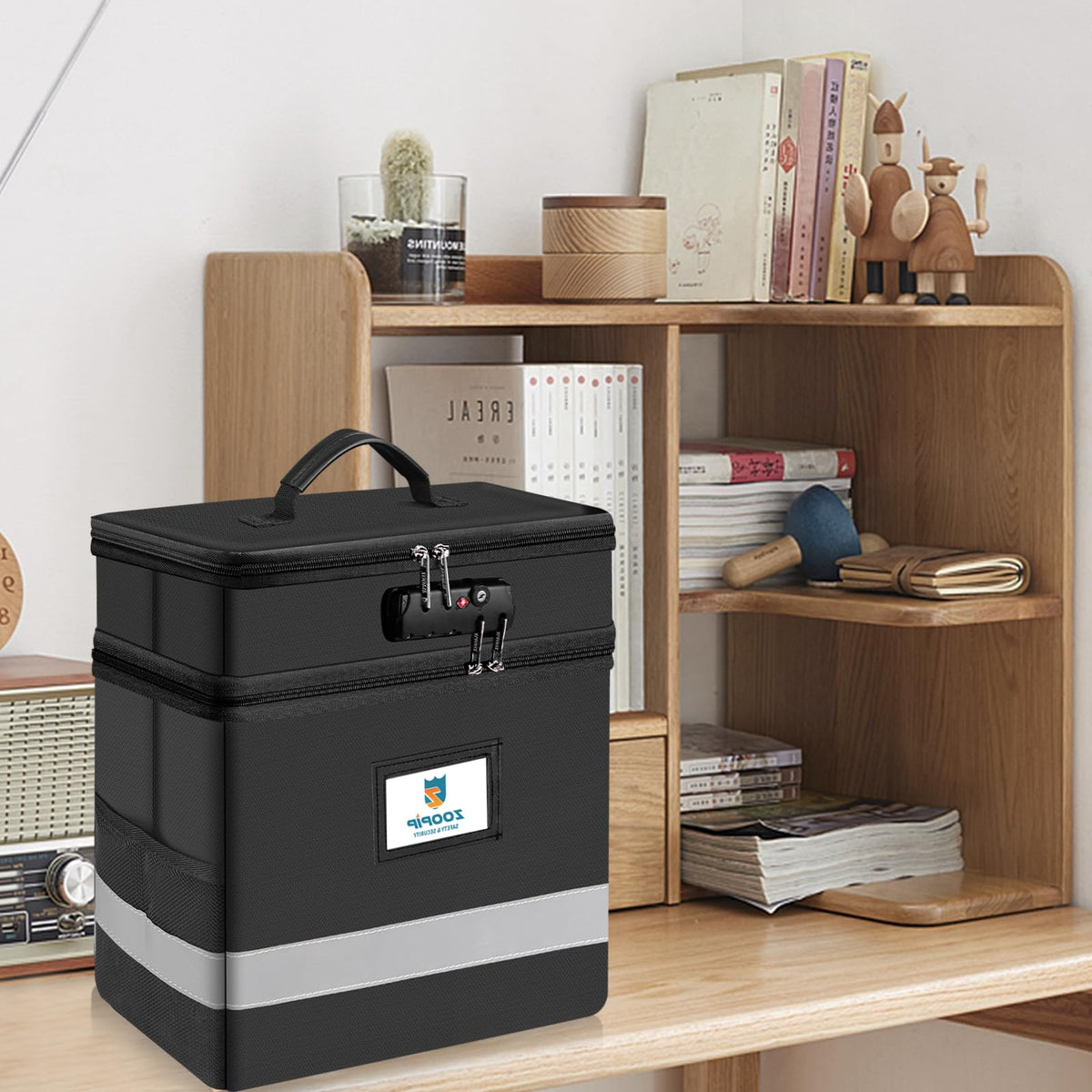 ZOOPIP Fireproof File Box with Lock, 2 Layer Document Organizer, Black