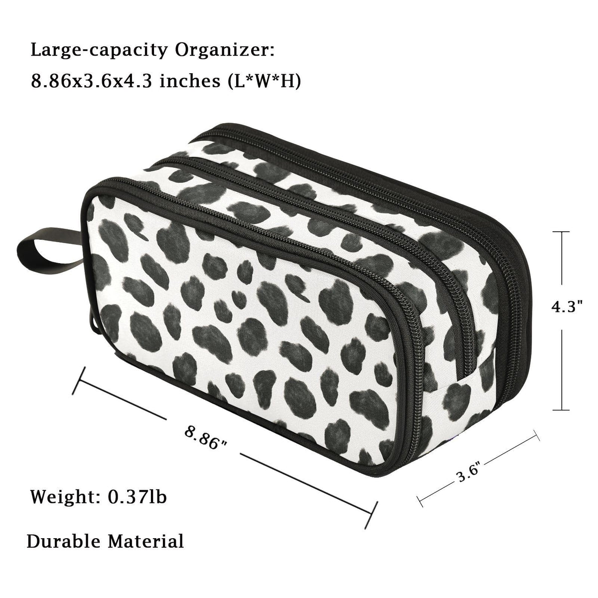 Fustylead Black White Milk Cow Skin Print Large Pencil Pen Case Stationery Bag, 3 Compartments