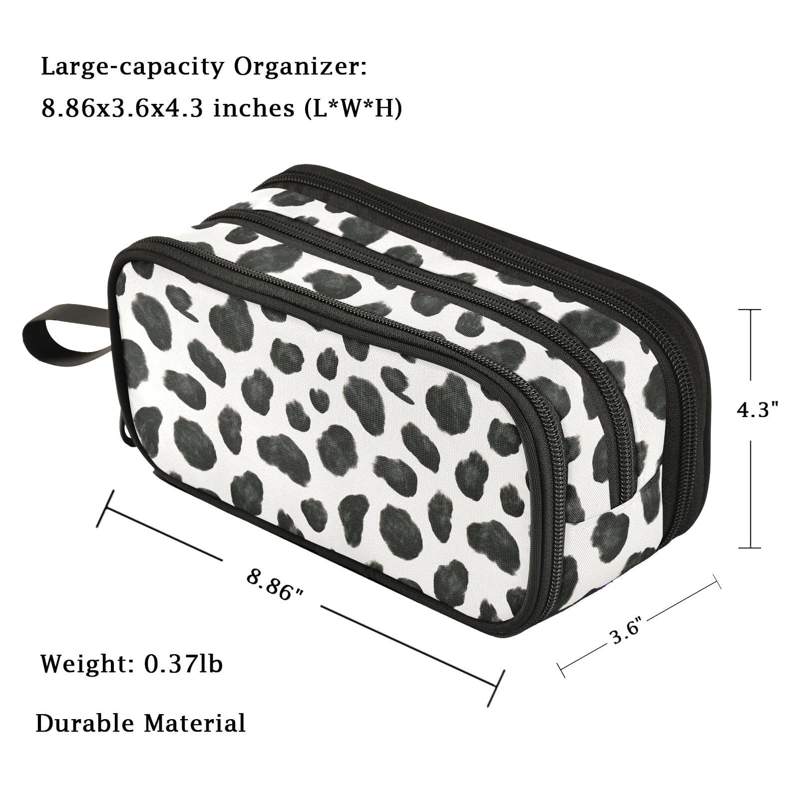 Fustylead Black White Milk Cow Skin Print Large Pencil Pen Case Stationery Bag, 3 Compartments