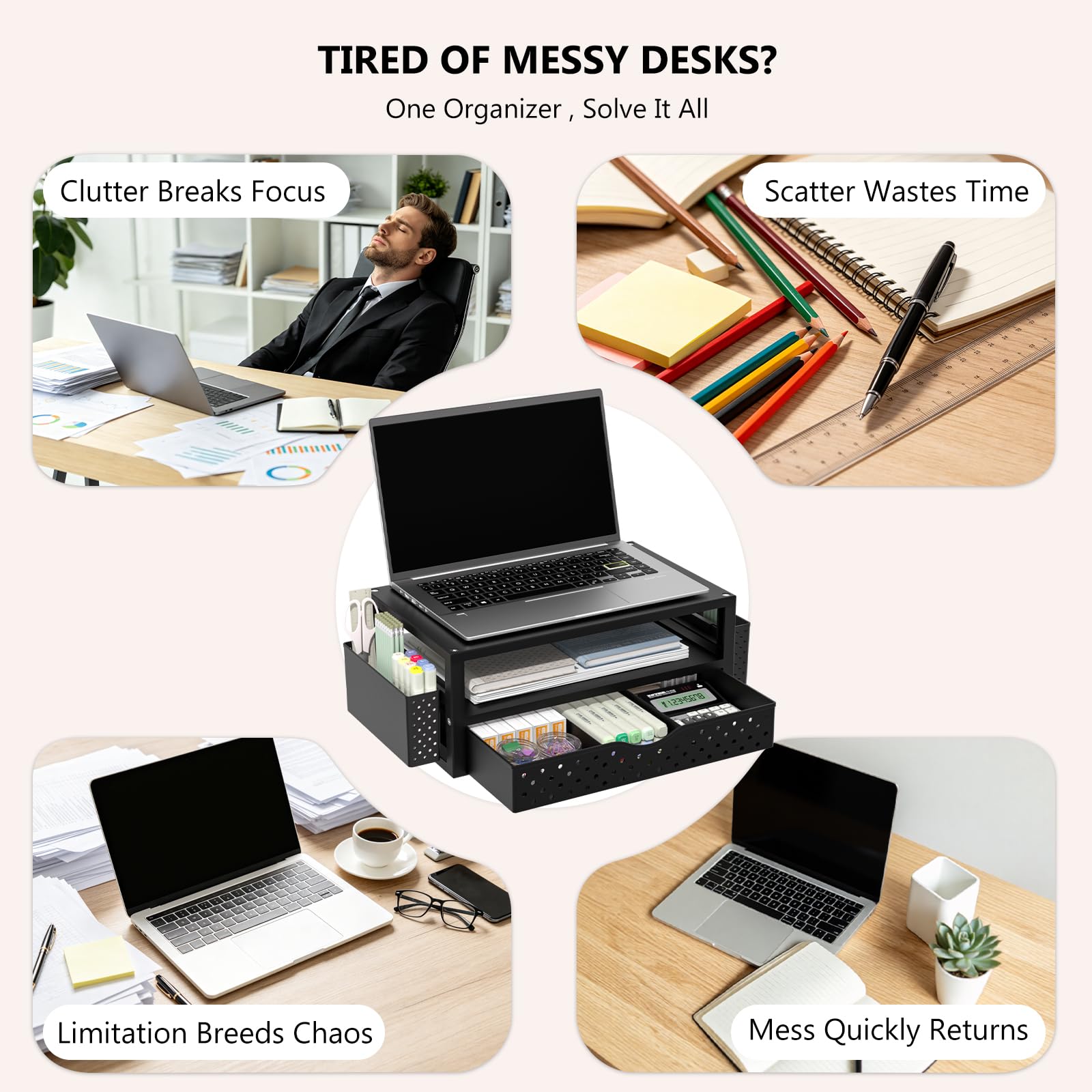 WALI Desk Organizer with Drawer and Pen Holder, 3 Tier Computer Monitor Stand for Home Office