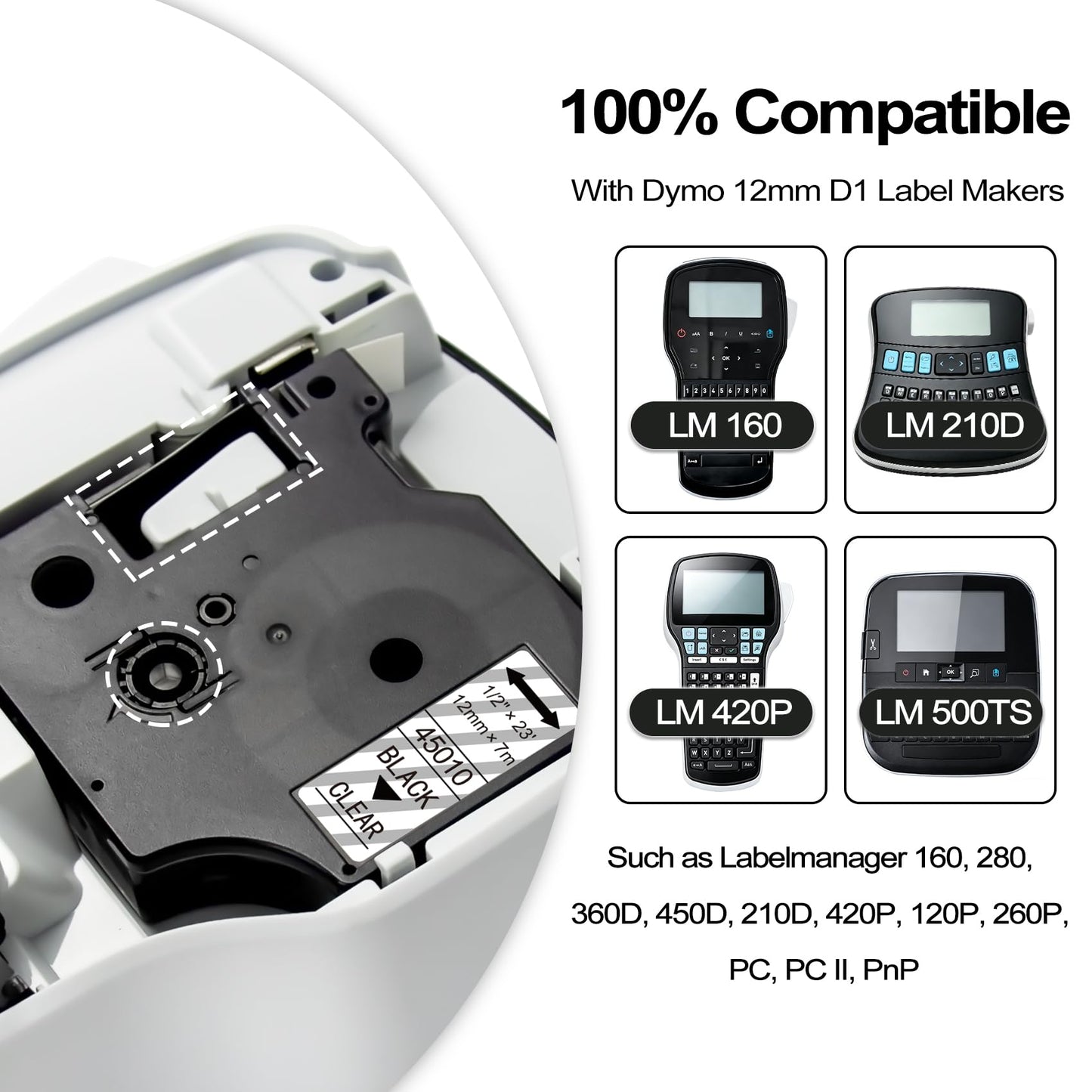 Lonitul 5P Compatible with DYMO D1 Label Tape Clear/White 1/2 Inch x 23 Ft