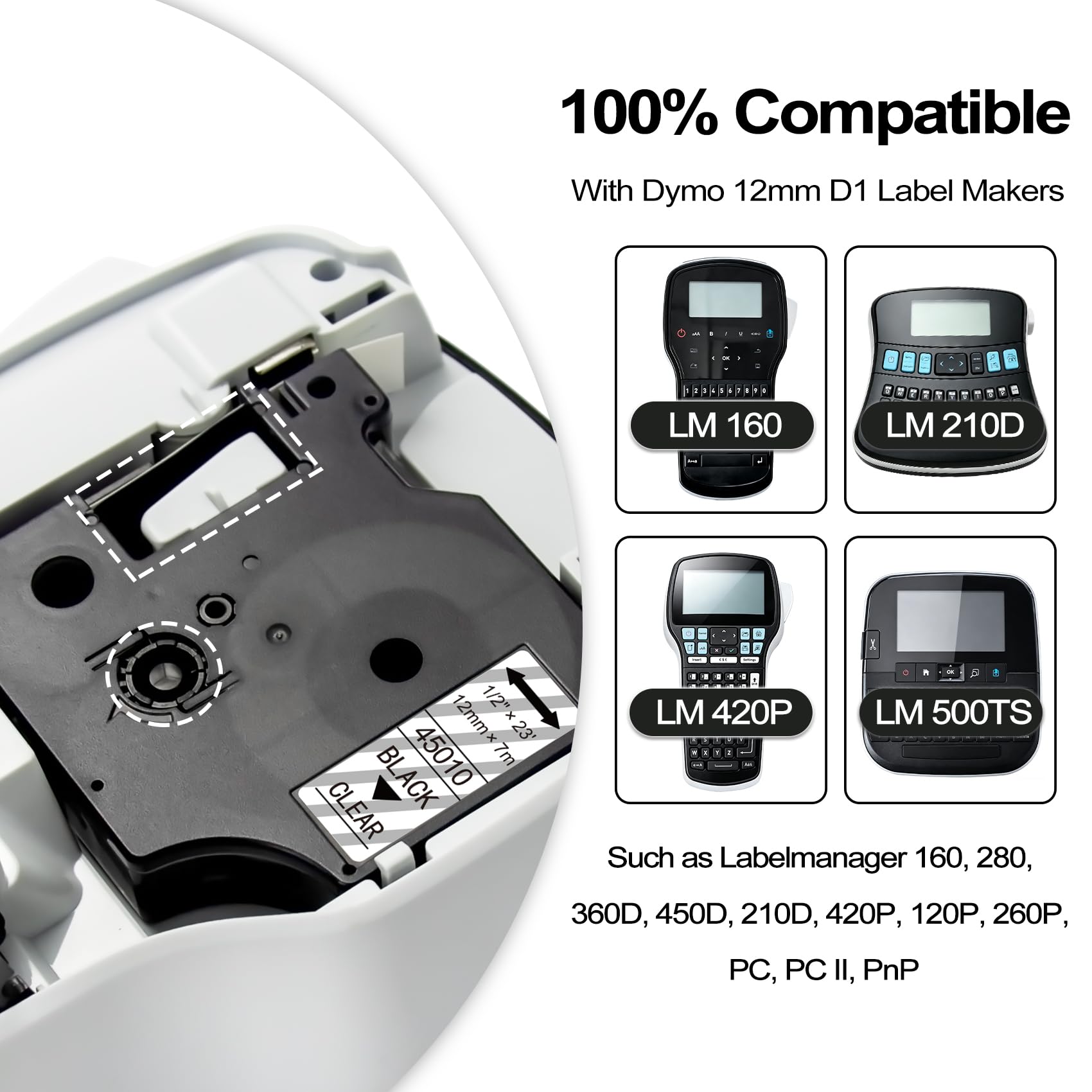 Lonitul 5P Compatible with DYMO D1 Label Tape Clear/White 1/2 Inch x 23 Ft