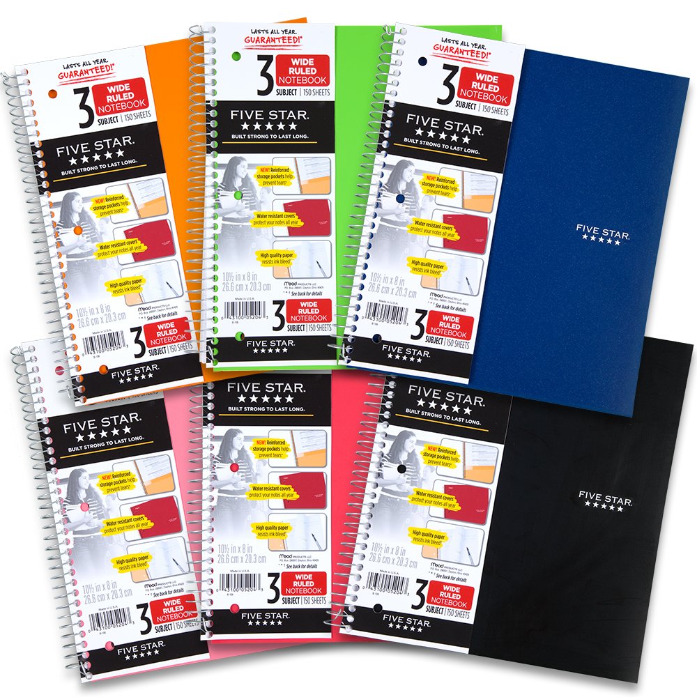 Five Star Spiral Notebook, 3-Subject, Wide Ruled Paper, 10-1/2" x 8", 150 Sheets, Tidewater Blue